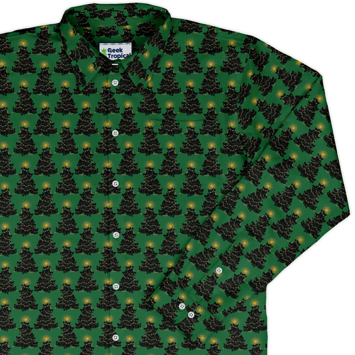 Meowy Christmas Tree Green Long Sleeve Button Up Shirt cover