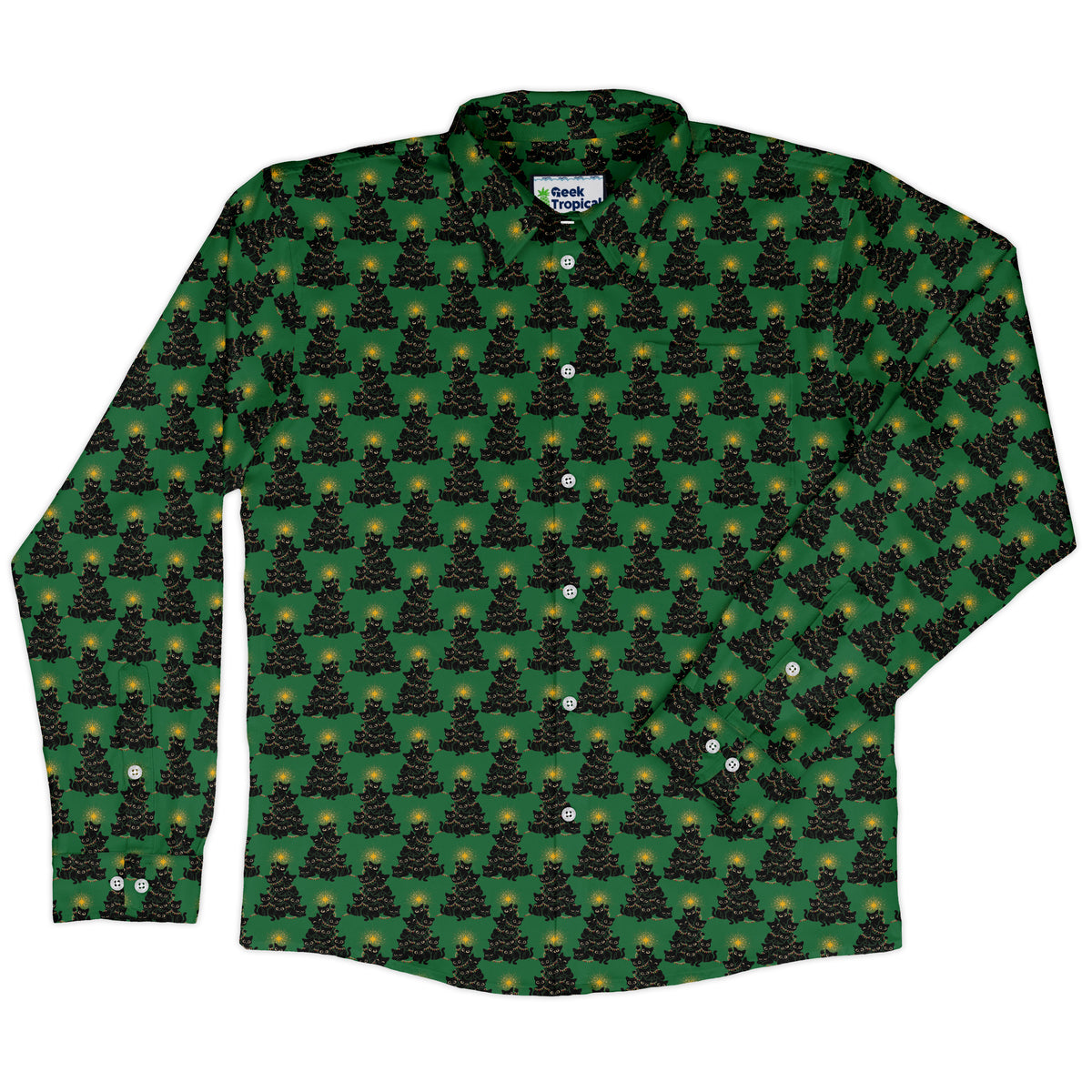 Meowy Christmas Tree Green Long Sleeve Button Up Shirt front