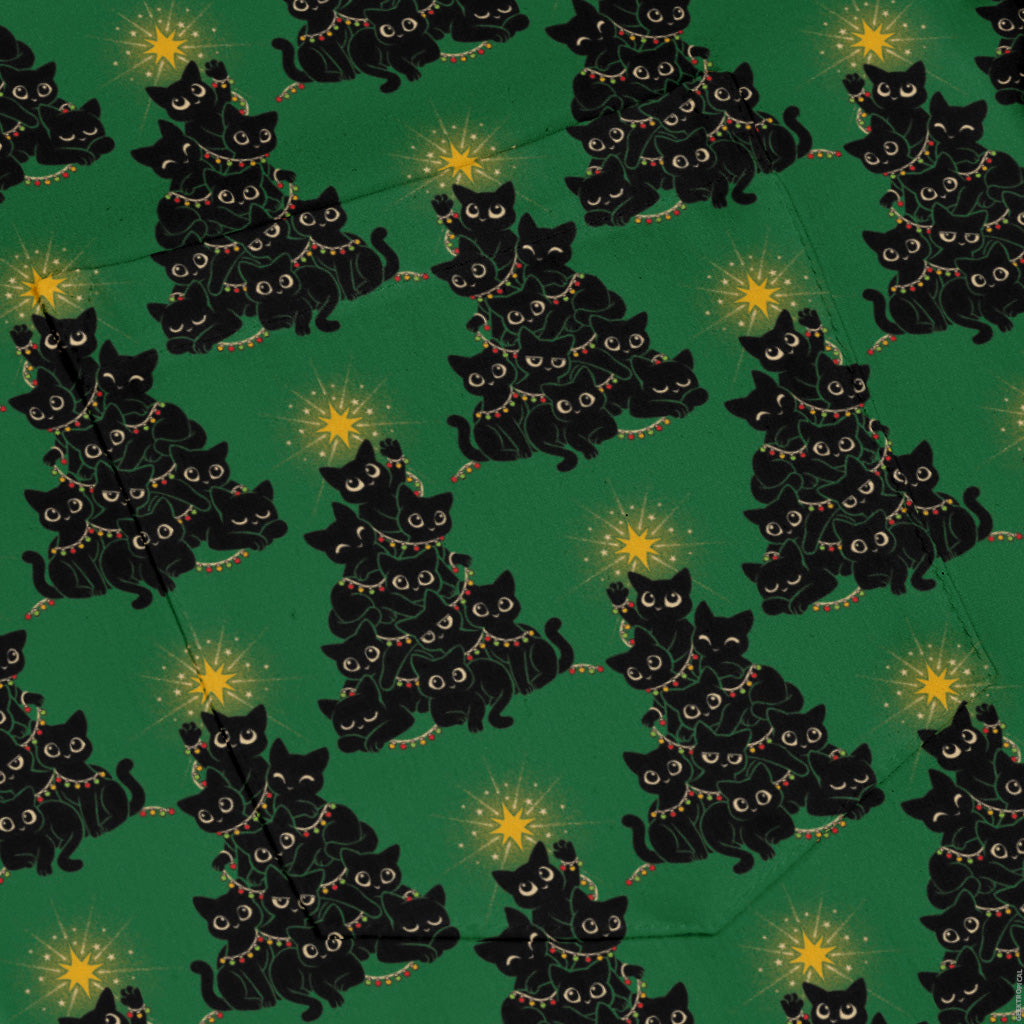 Meowy Christmas Tree Green Long Sleeve Button Up Shirt pocket