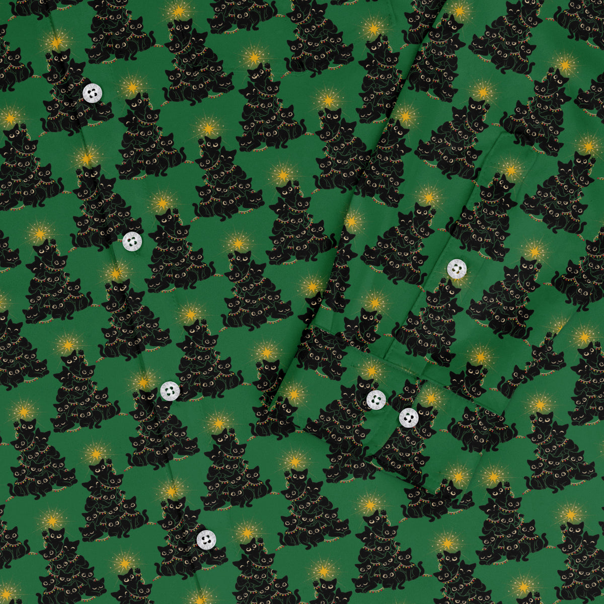 Meowy Christmas Tree Green Long Sleeve Button Up Shirt sleeve close