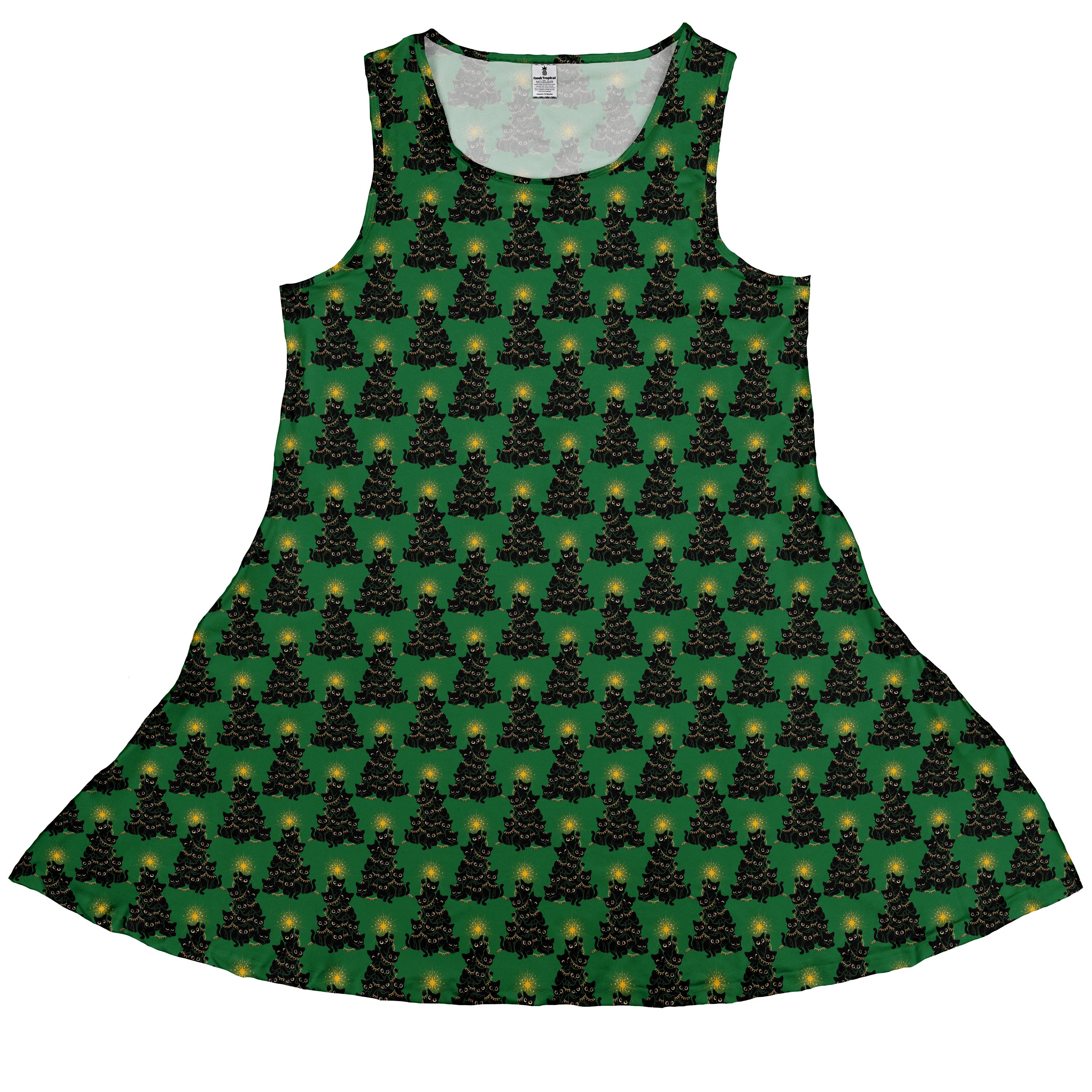 Meowy Christmas Tree Green Sleeveless Dress front