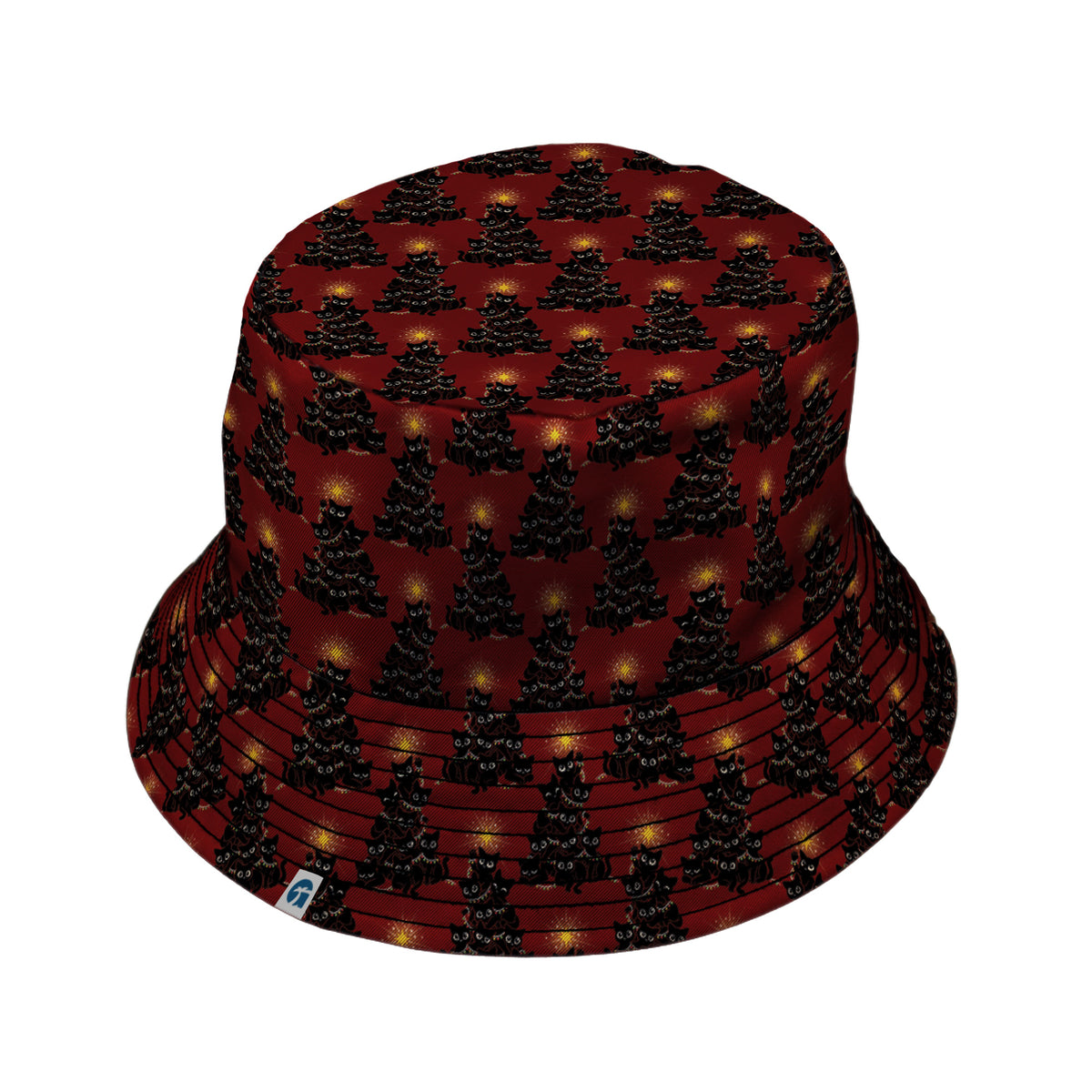 Meowy Christmas Tree Red Bucket Hat Black Stitching