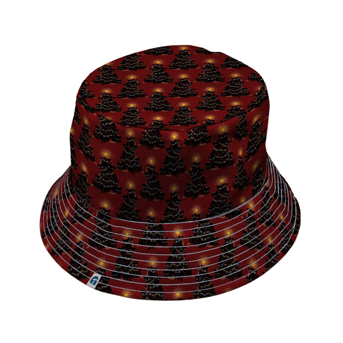 Meowy Christmas Tree Red Bucket Hat Gray Stitching