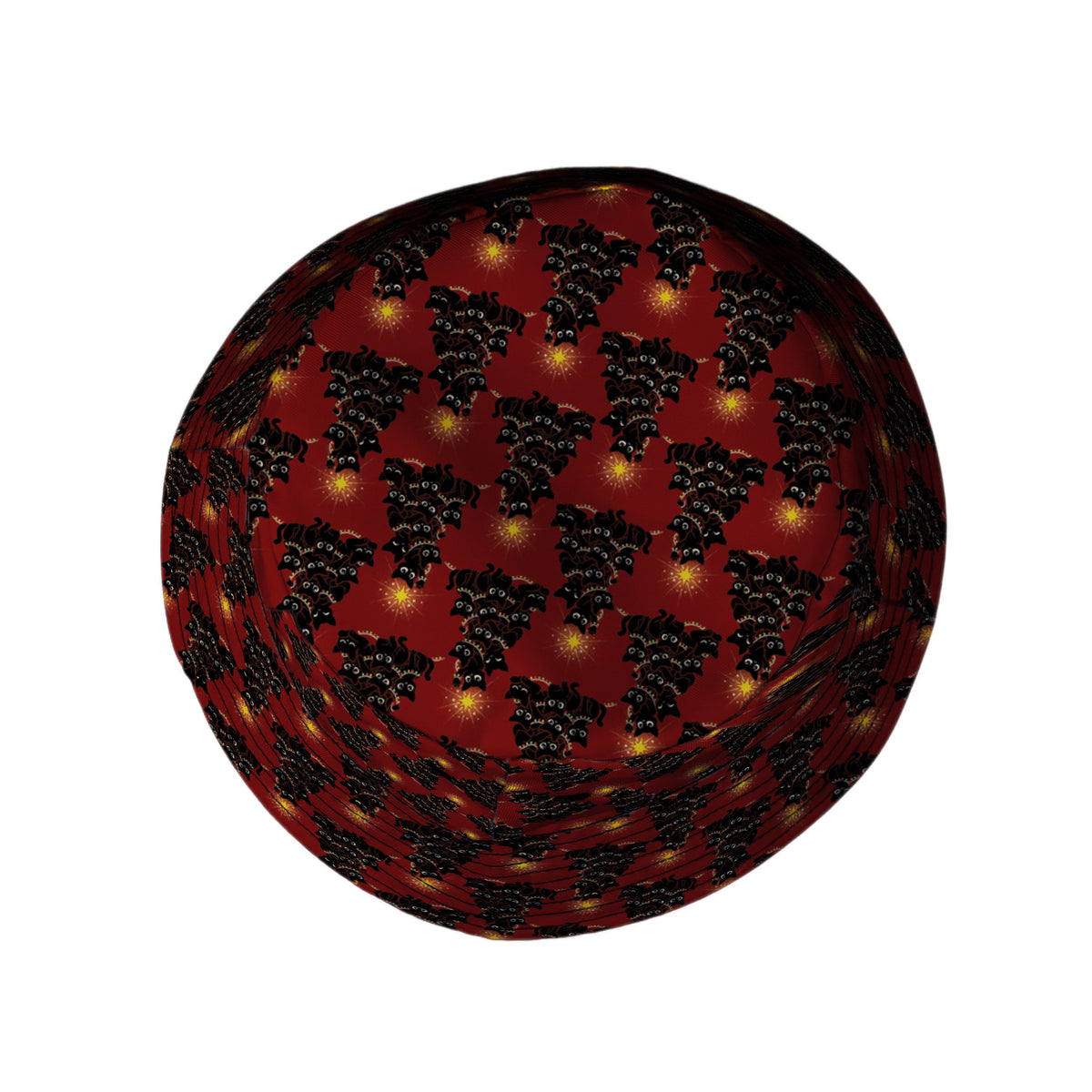 Meowy Christmas Tree Red Bucket Hat Top View