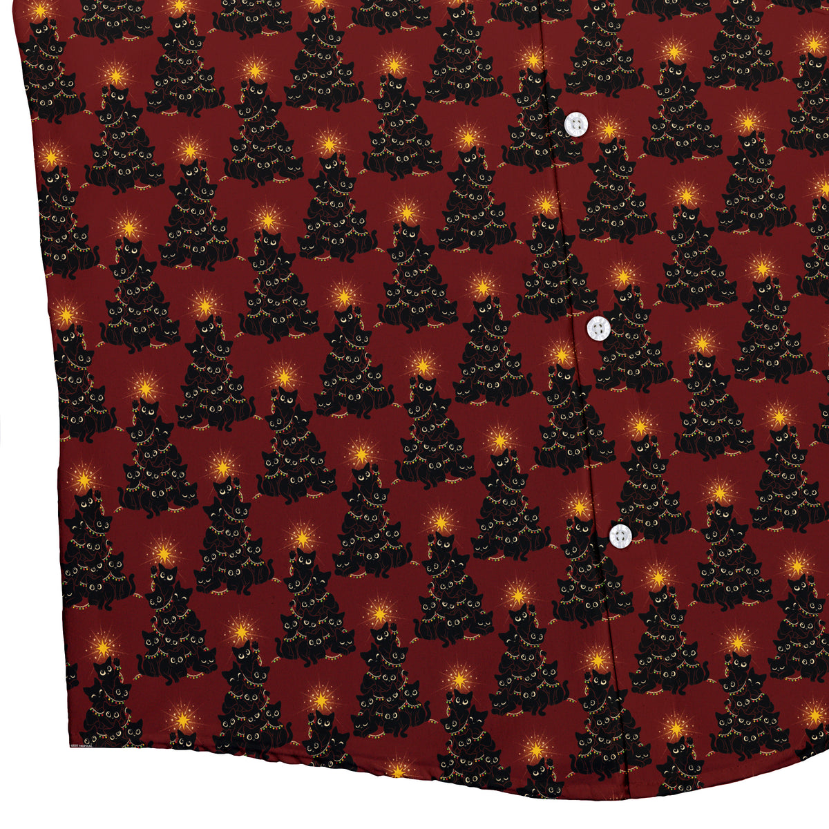 Meowy Christmas Tree Red Button Up Shirt Bottom Corner
