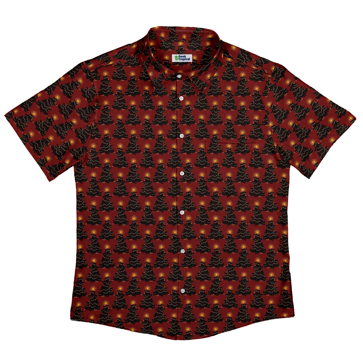 Meowy Christmas Tree Red Button Up Shirt Flat Front