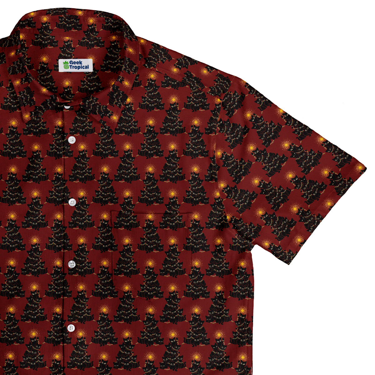 Meowy Christmas Tree Red Button Up Shirt Top Corner