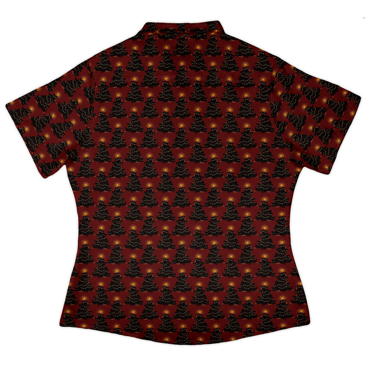 Meowy Christmas Tree Red Curvy Button Up Shirt womens back
