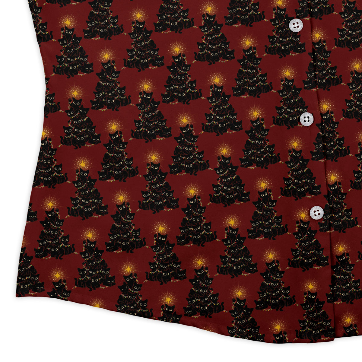 Meowy Christmas Tree Red Curvy Button Up Shirt womens corner