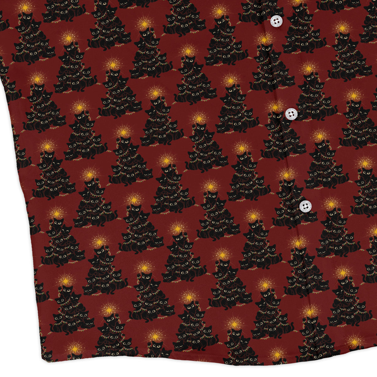 Meowy Christmas Tree Red Long Sleeve Button Up Shirt corner