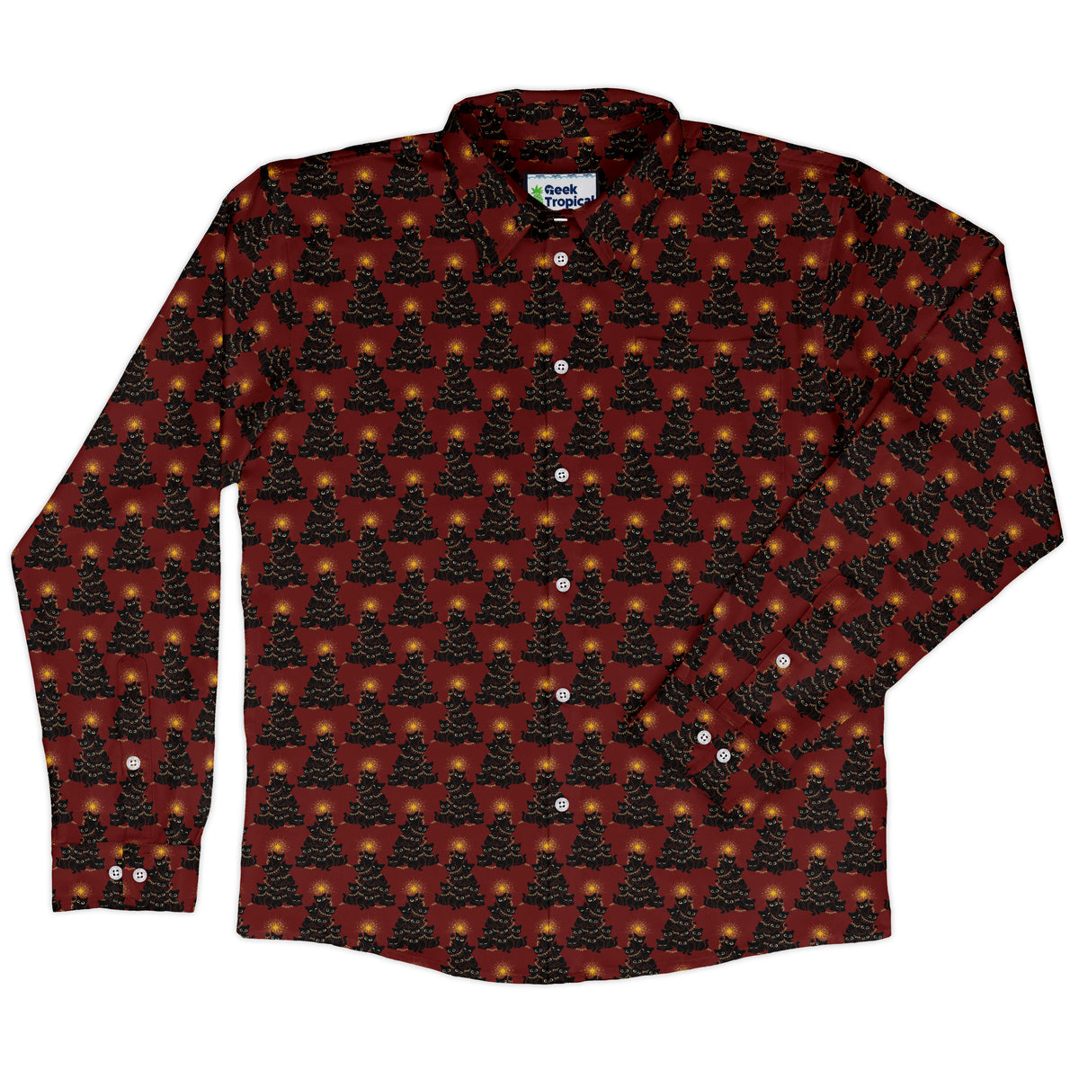 Meowy Christmas Tree Red Long Sleeve Button Up Shirt front