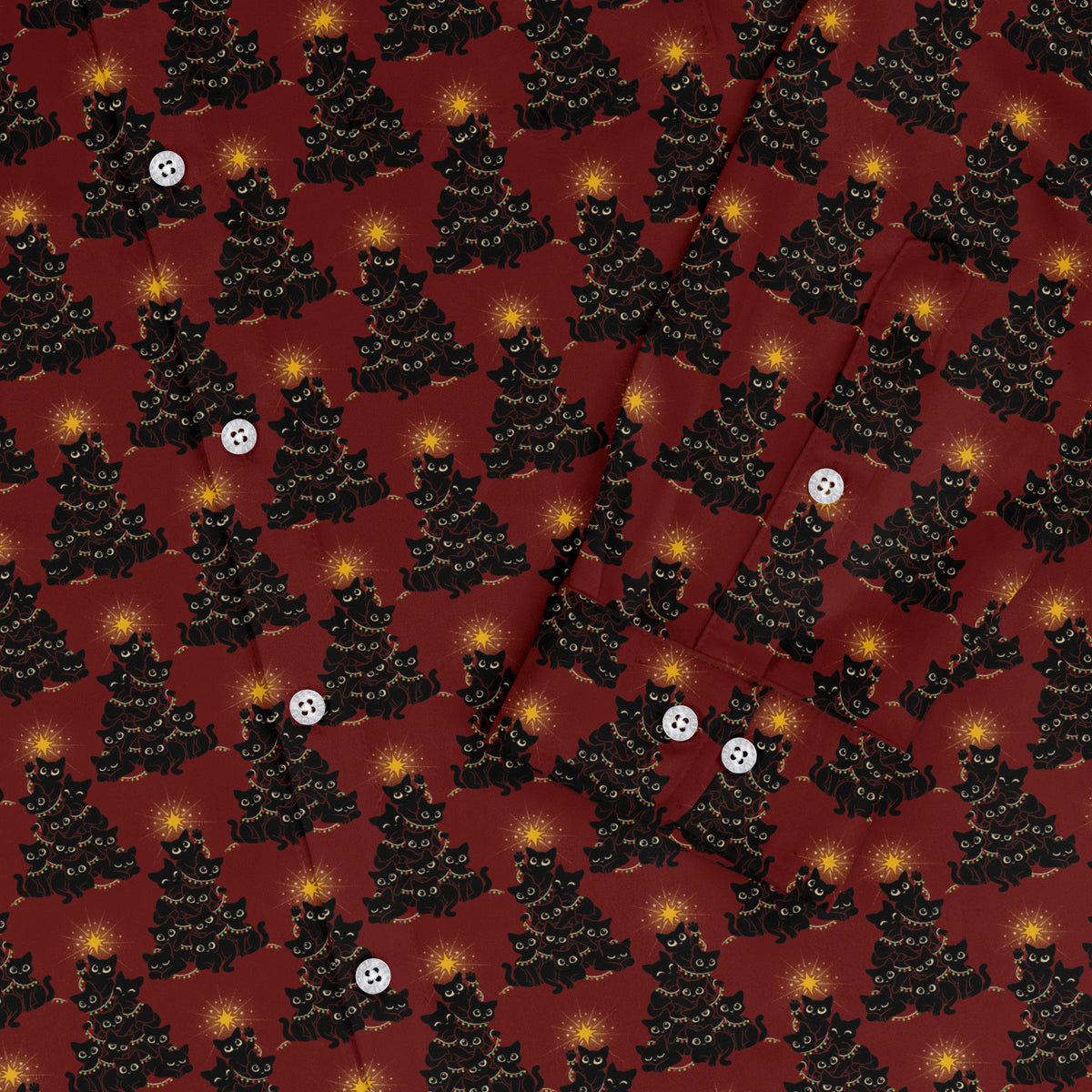 Meowy Christmas Tree Red Long Sleeve Button Up Shirt sleeve close