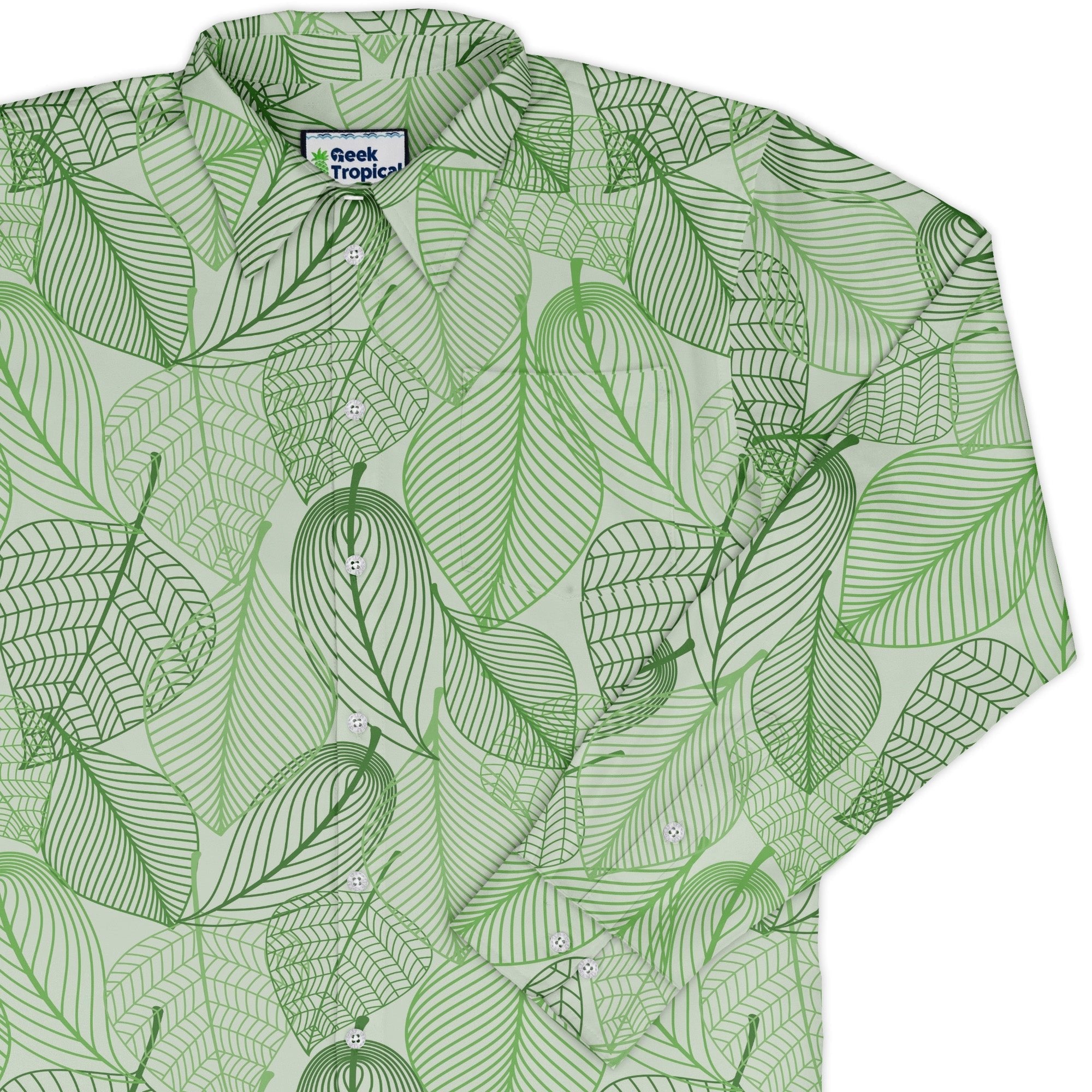 Micro Minimalist Leaves Long Sleeve Button Up Shirt Geek Nerd adult sizing Botany Print FLOW DESC WRITING