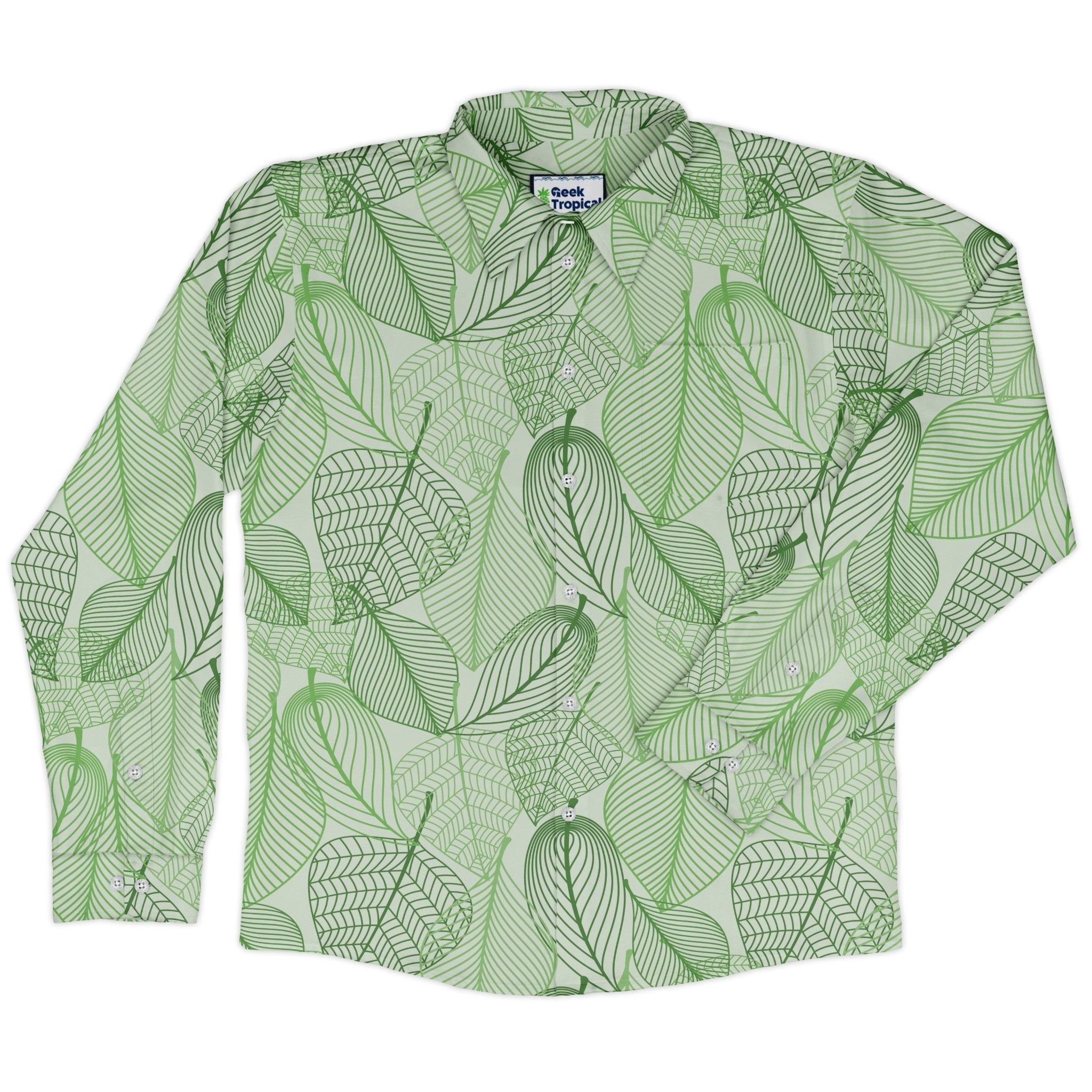 Micro Minimalist Leaves Long Sleeve Button Up Shirt Geek Nerd adult sizing Botany Print FLOW DESC WRITING