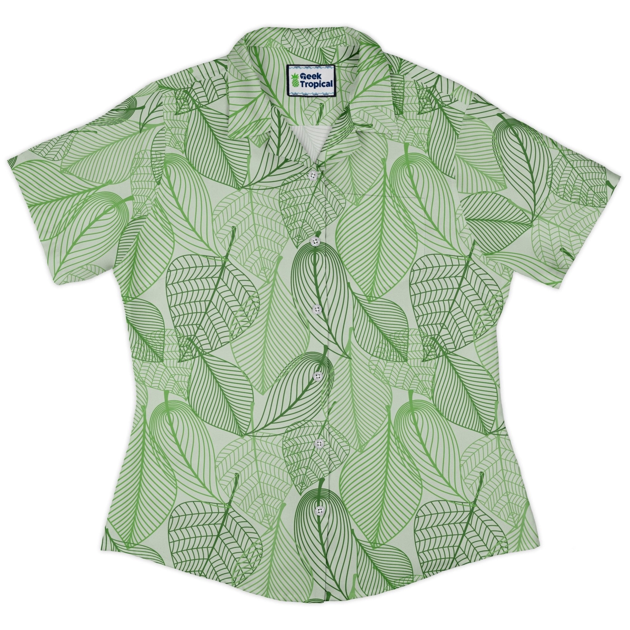 Micro Minimalist Leaves Curvy Button Up Shirt Geek Nerd Botany Print Simple Patterns women