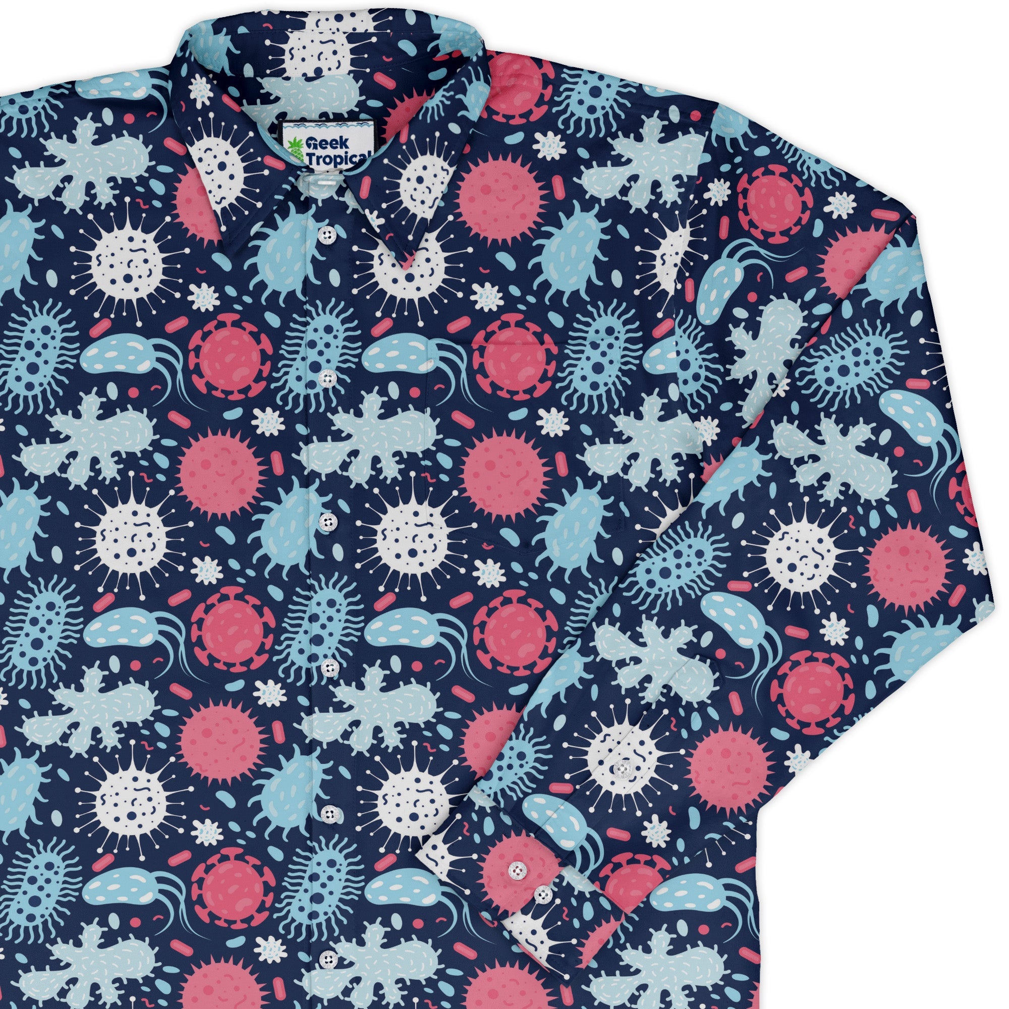 Microscopic Collection Blue Science Biology Long Sleeve Button Up Shirt Geek Nerd adult sizing FLOW DESC WRITING Maximalist Patterns