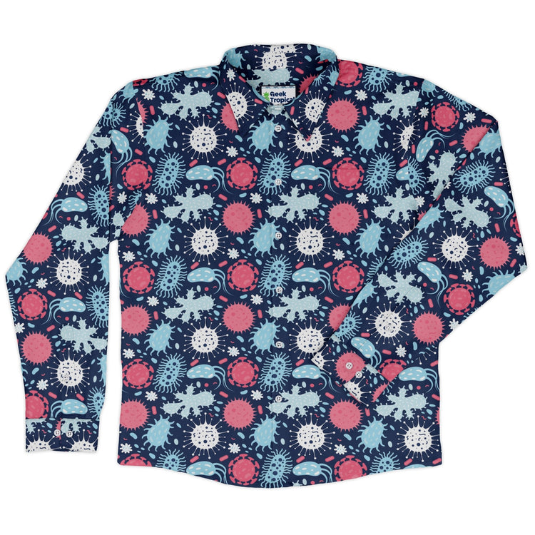 Microscopic Collection Blue Science Biology Long Sleeve Button Up Shirt Geek Nerd adult sizing FLOW DESC WRITING Maximalist Patterns