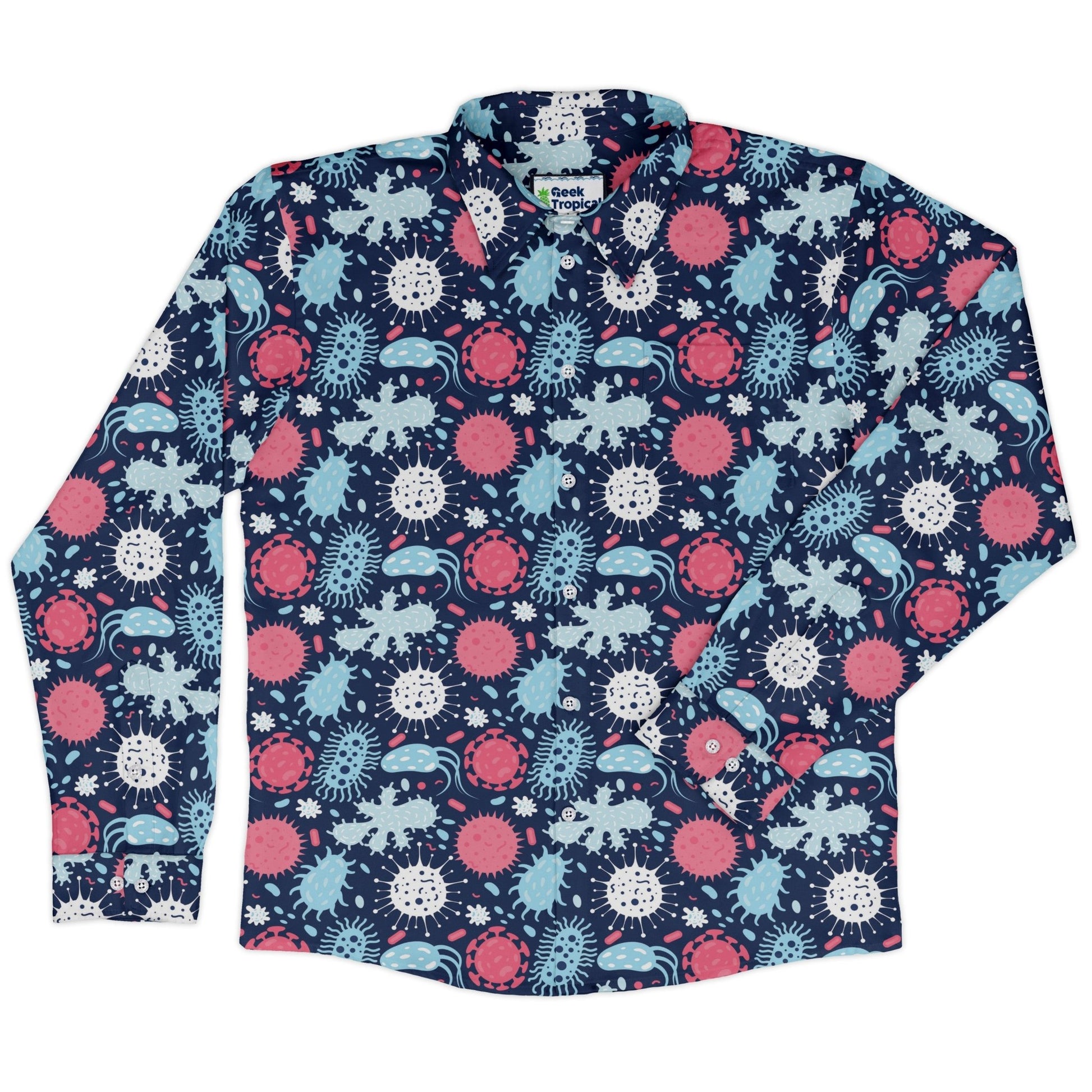 Microscopic Collection Blue Science Biology Long Sleeve Button Up Shirt Geek Nerd adult sizing FLOW DESC WRITING Maximalist Patterns