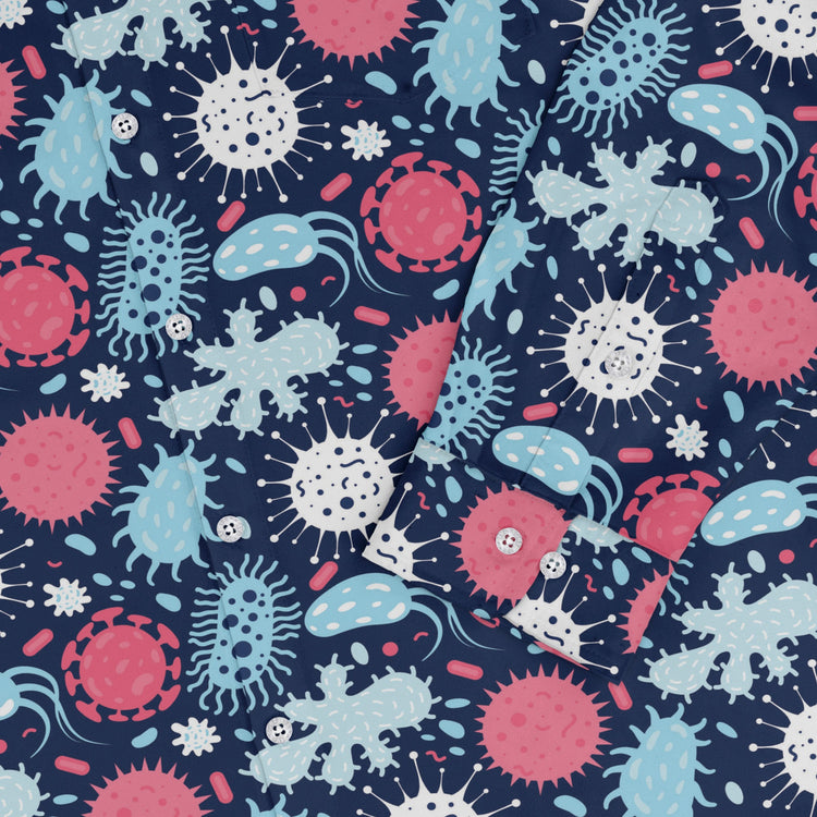 Microscopic Collection Blue Science Biology Long Sleeve Button Up Shirt Geek Nerd adult sizing FLOW DESC WRITING Maximalist Patterns