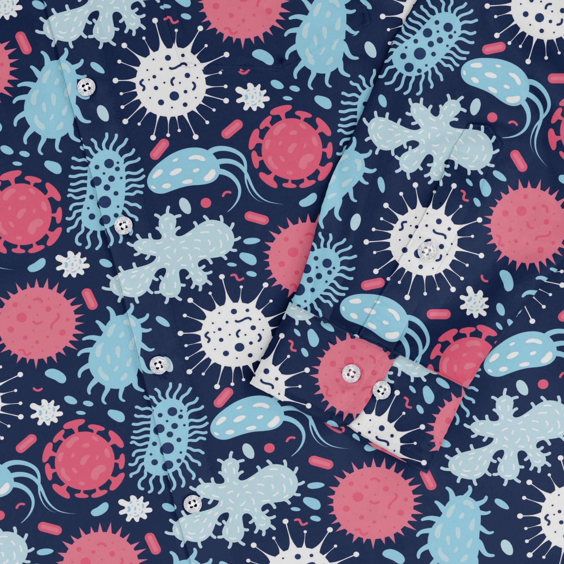 Microscopic Collection Blue Science Biology Long Sleeve Button Up Shirt Geek Nerd adult sizing FLOW DESC WRITING Maximalist Patterns