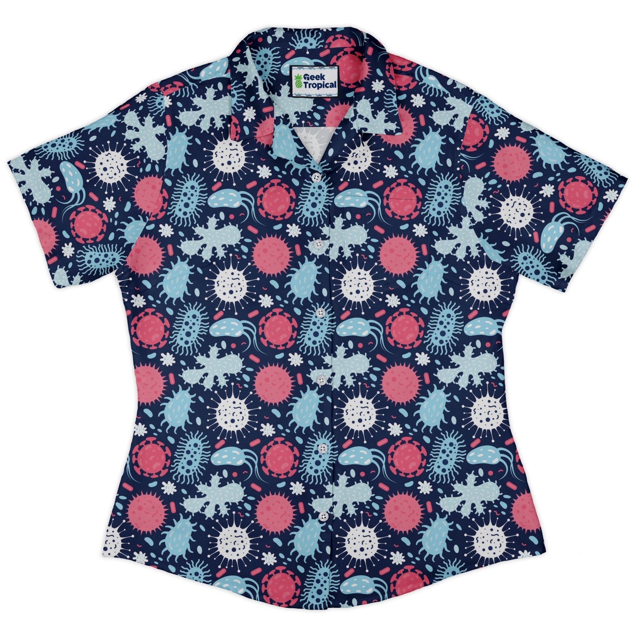 Microscopic Collection Blue Science Biology Curvy Button Up Shirt Geek Nerd Maximalist Patterns science print women