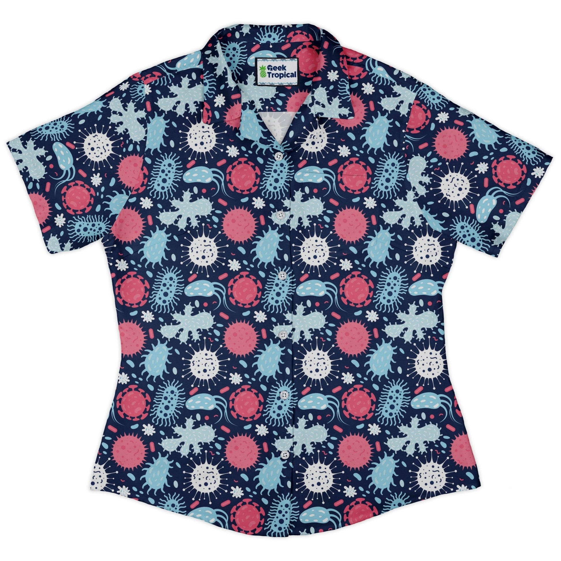 Microscopic Collection Blue Science Biology Curvy Button Up Shirt Geek Nerd Maximalist Patterns science print women