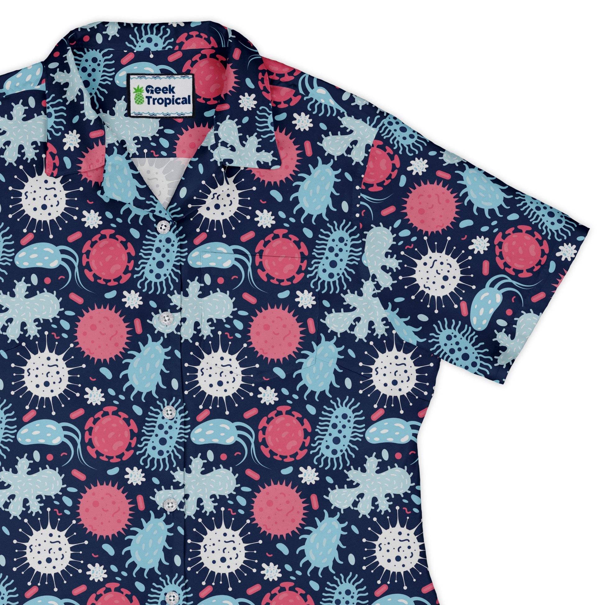 Microscopic Collection Blue Science Biology Curvy Button Up Shirt Geek Nerd Maximalist Patterns science print women