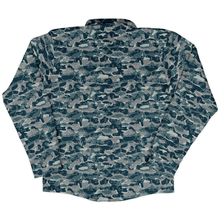 Military Fighter Jet Navy Camo Blue Long Sleeve Button Up Shirt Geek Nerd adult sizing aviation print FLOW DESC WRITING