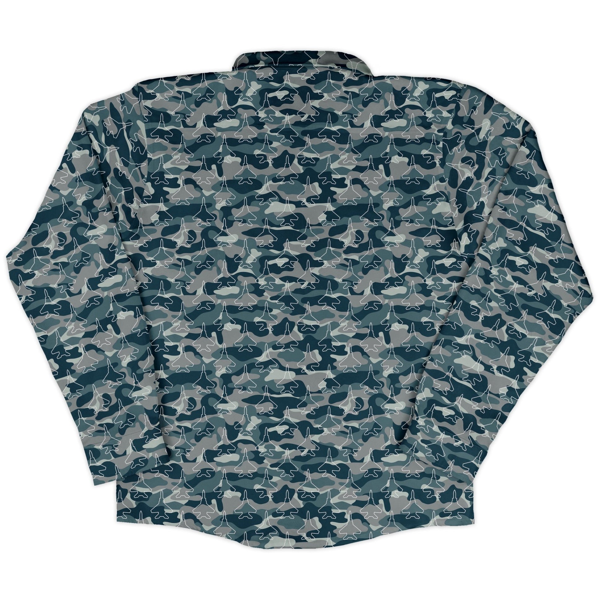 Military Fighter Jet Navy Camo Blue Long Sleeve Button Up Shirt Geek Nerd adult sizing aviation print FLOW DESC WRITING