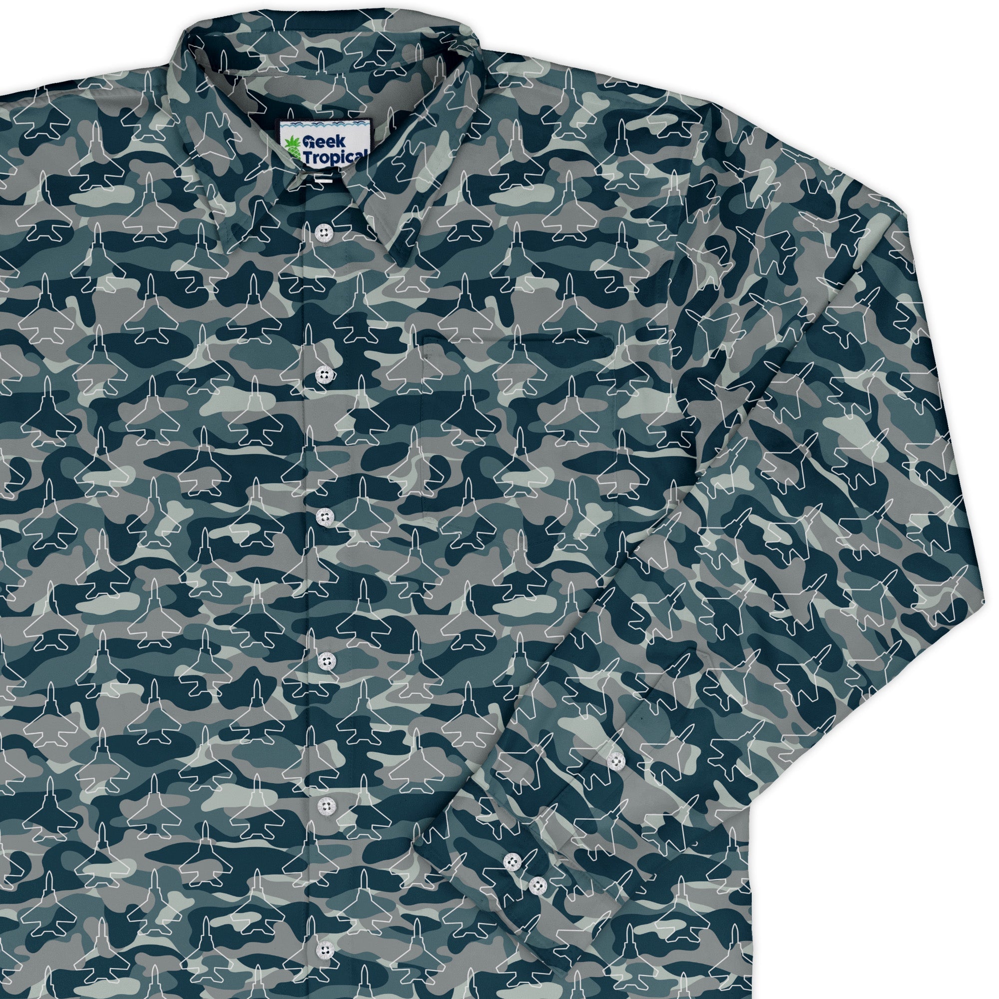 Military Fighter Jet Navy Camo Blue Long Sleeve Button Up Shirt Geek Nerd adult sizing aviation print FLOW DESC WRITING