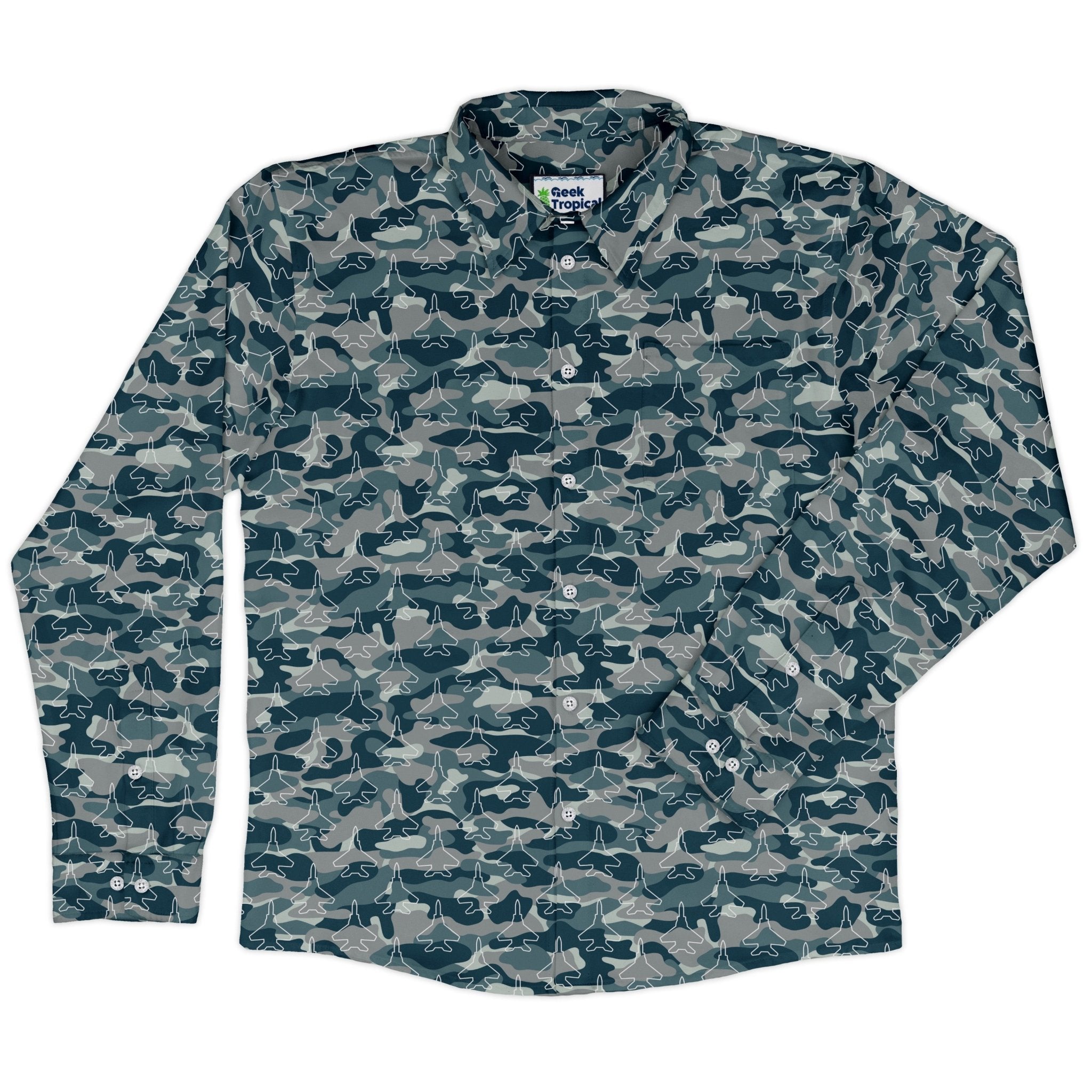 Military Fighter Jet Navy Camo Blue Long Sleeve Button Up Shirt Geek Nerd adult sizing aviation print FLOW DESC WRITING