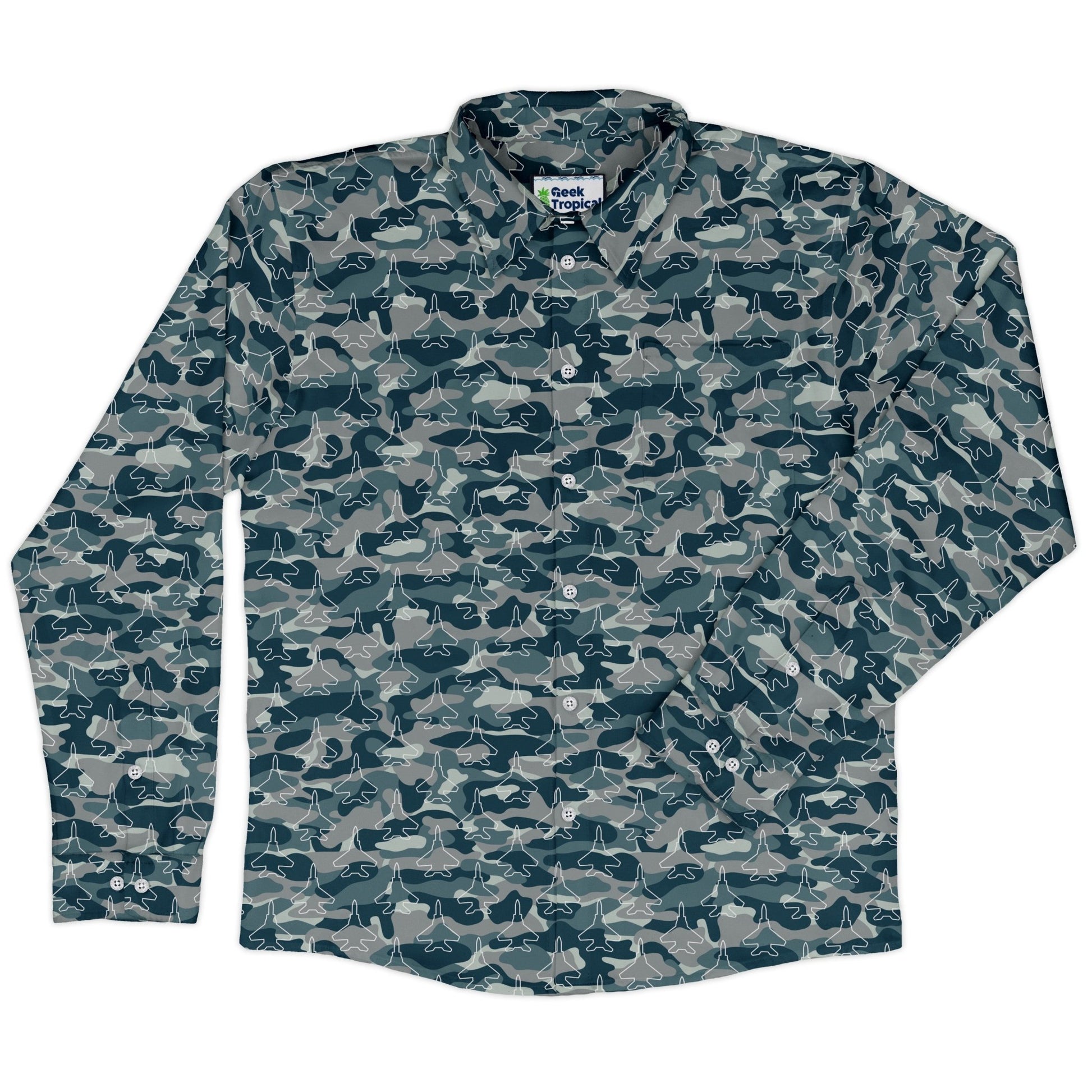 Military Fighter Jet Navy Camo Blue Long Sleeve Button Up Shirt Geek Nerd adult sizing aviation print FLOW DESC WRITING
