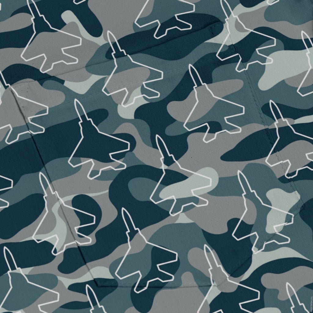 Military Fighter Jet Navy Camo Blue Long Sleeve Button Up Shirt Geek Nerd adult sizing aviation print FLOW DESC WRITING