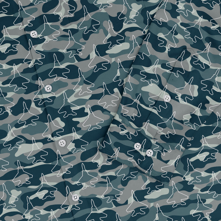 Military Fighter Jet Navy Camo Blue Long Sleeve Button Up Shirt Geek Nerd adult sizing aviation print FLOW DESC WRITING