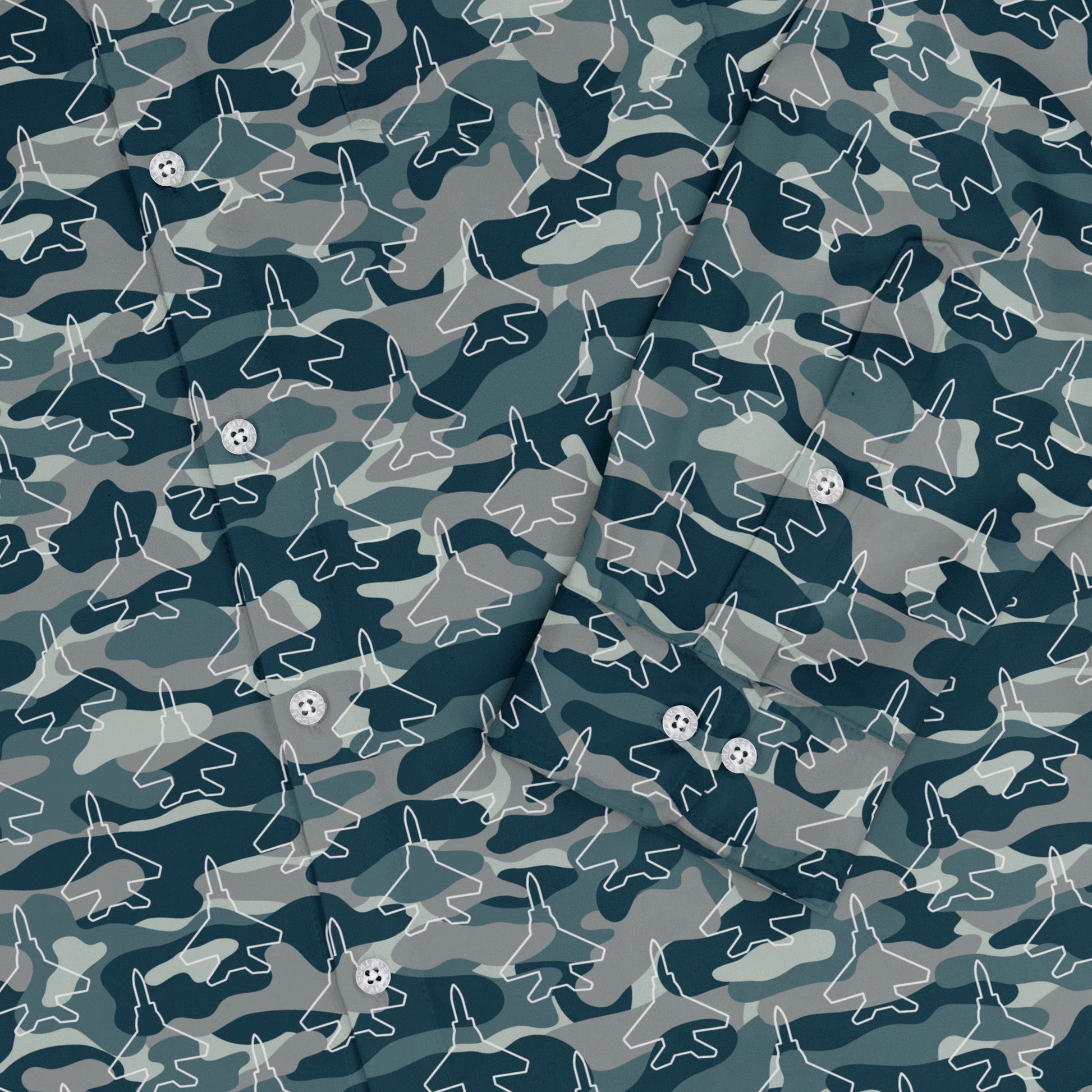 Military Fighter Jet Navy Camo Blue Long Sleeve Button Up Shirt Geek Nerd adult sizing aviation print FLOW DESC WRITING