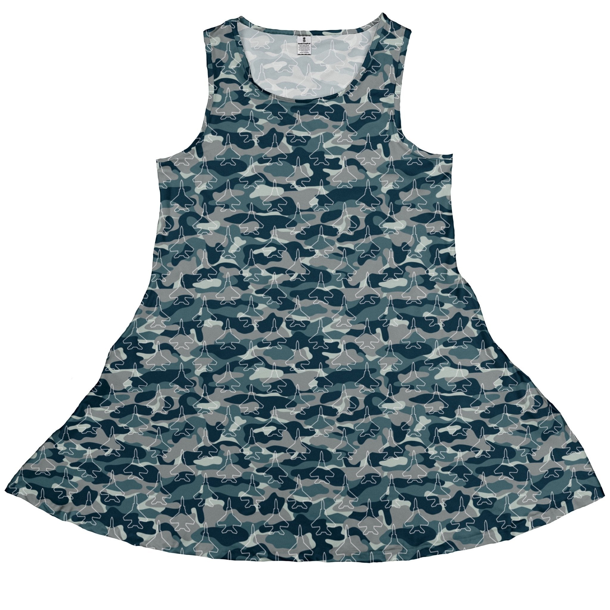 Military Fighter Jet Navy Camo Blue Sleeveless Dress