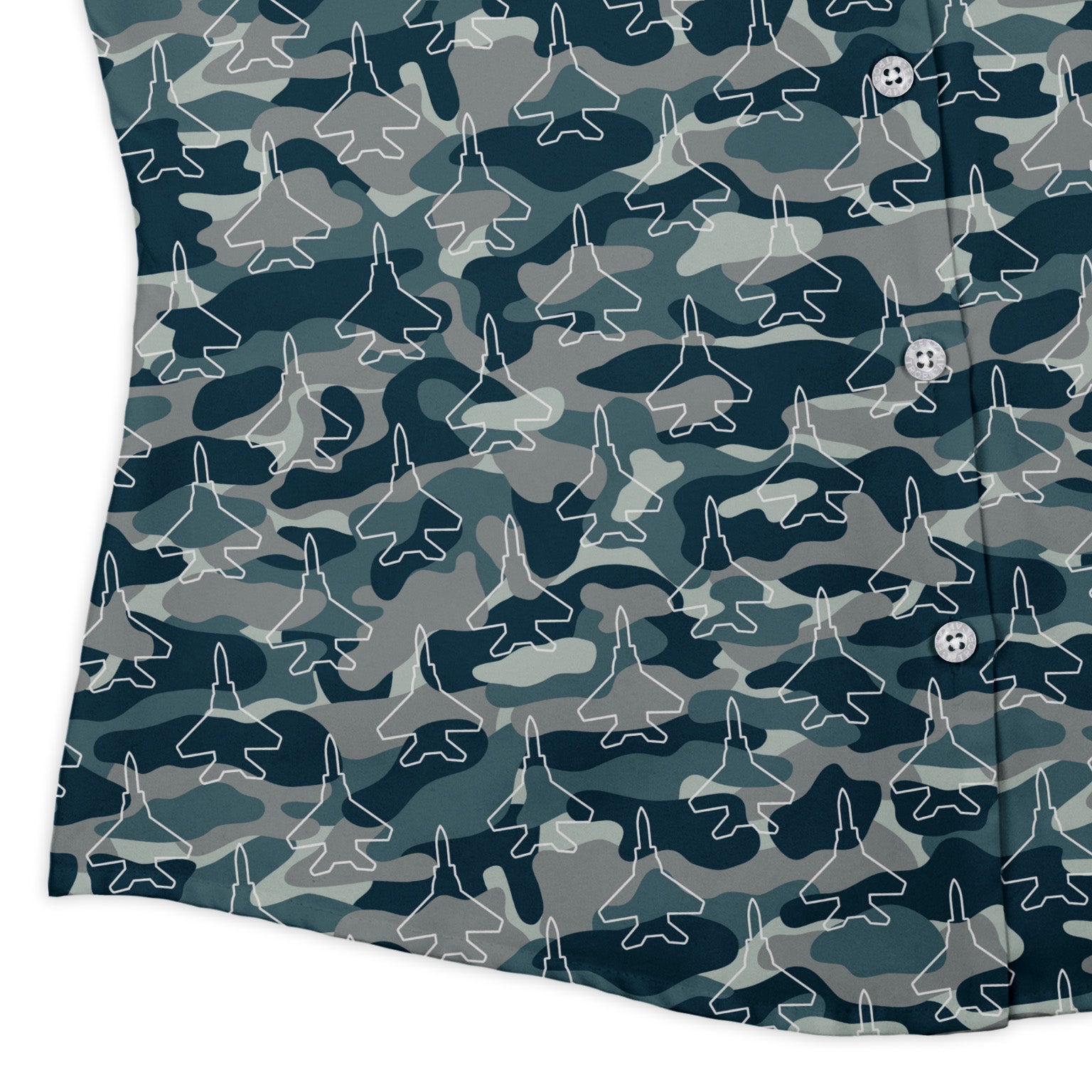 Military Fighter Jet Navy Camo Blue Curvy Button Up Shirt Geek Nerd aviation print women