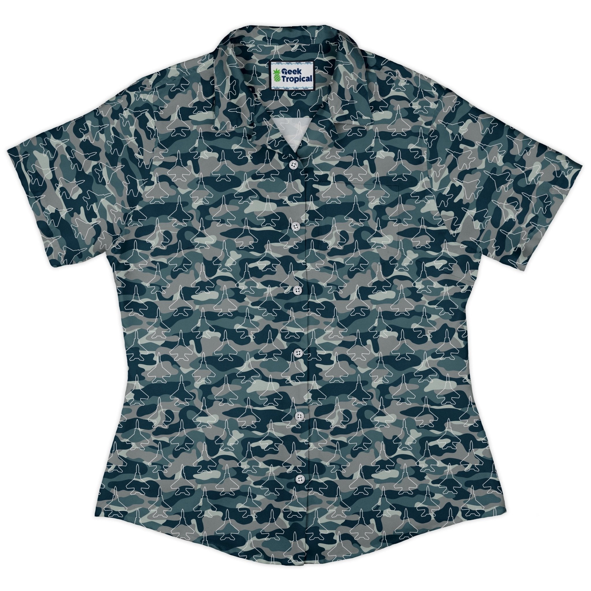 Military Fighter Jet Navy Camo Blue Curvy Button Up Shirt Geek Nerd aviation print women