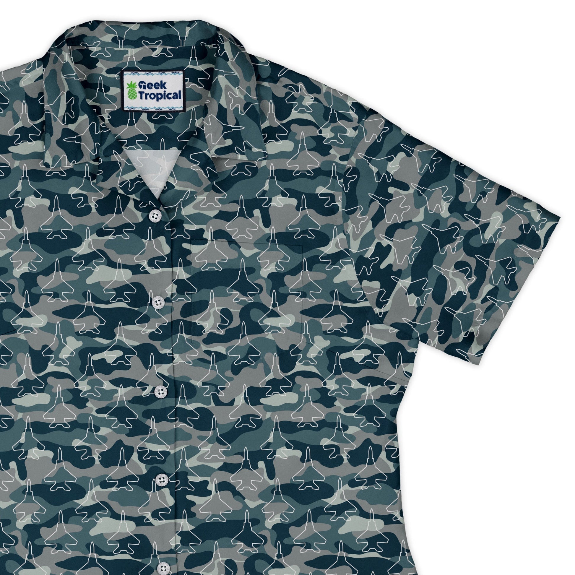 Military Fighter Jet Navy Camo Blue Curvy Button Up Shirt Geek Nerd aviation print women