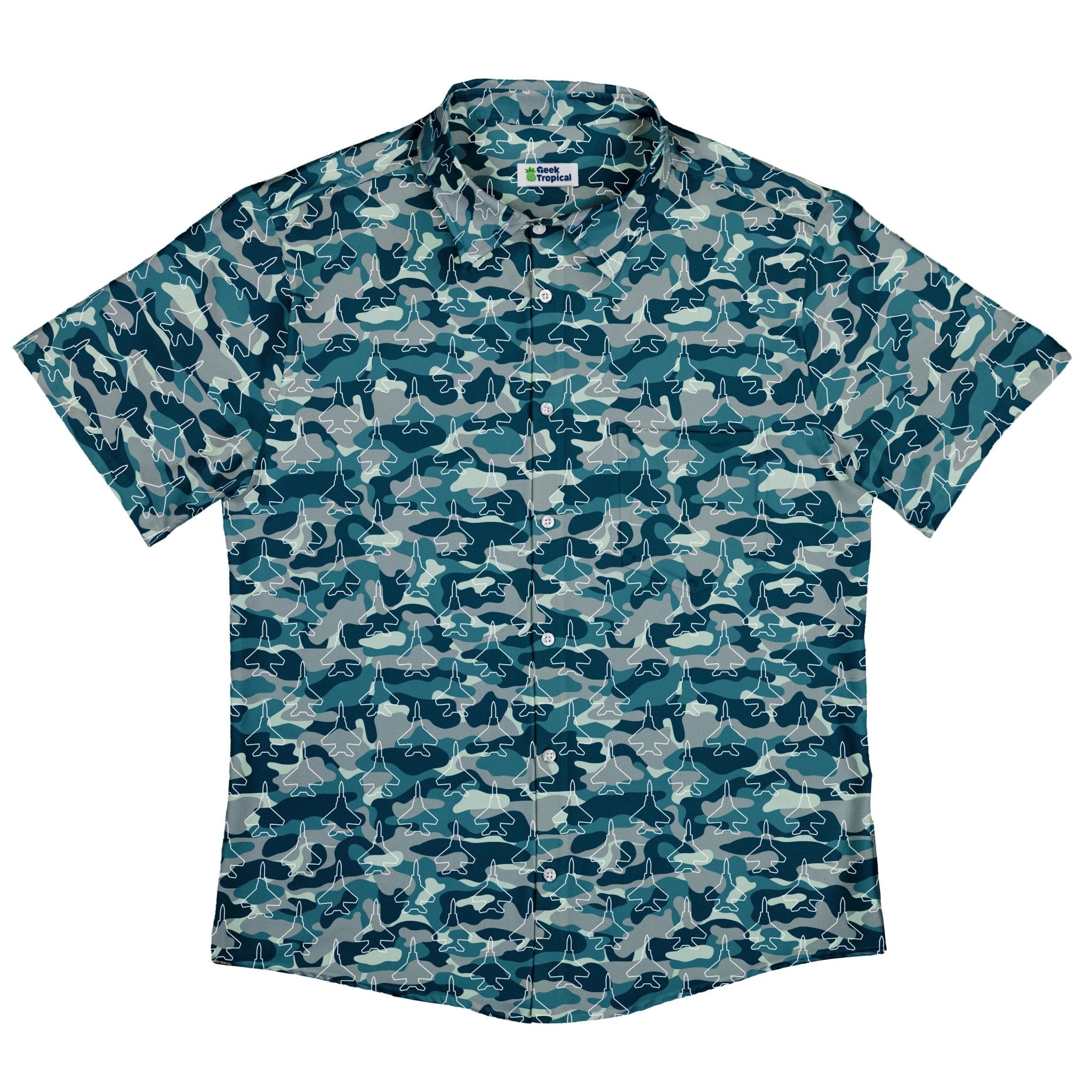 Military Fighter Jet Navy Camo Blue Button Up Shirt - adult sizing - aviation print -