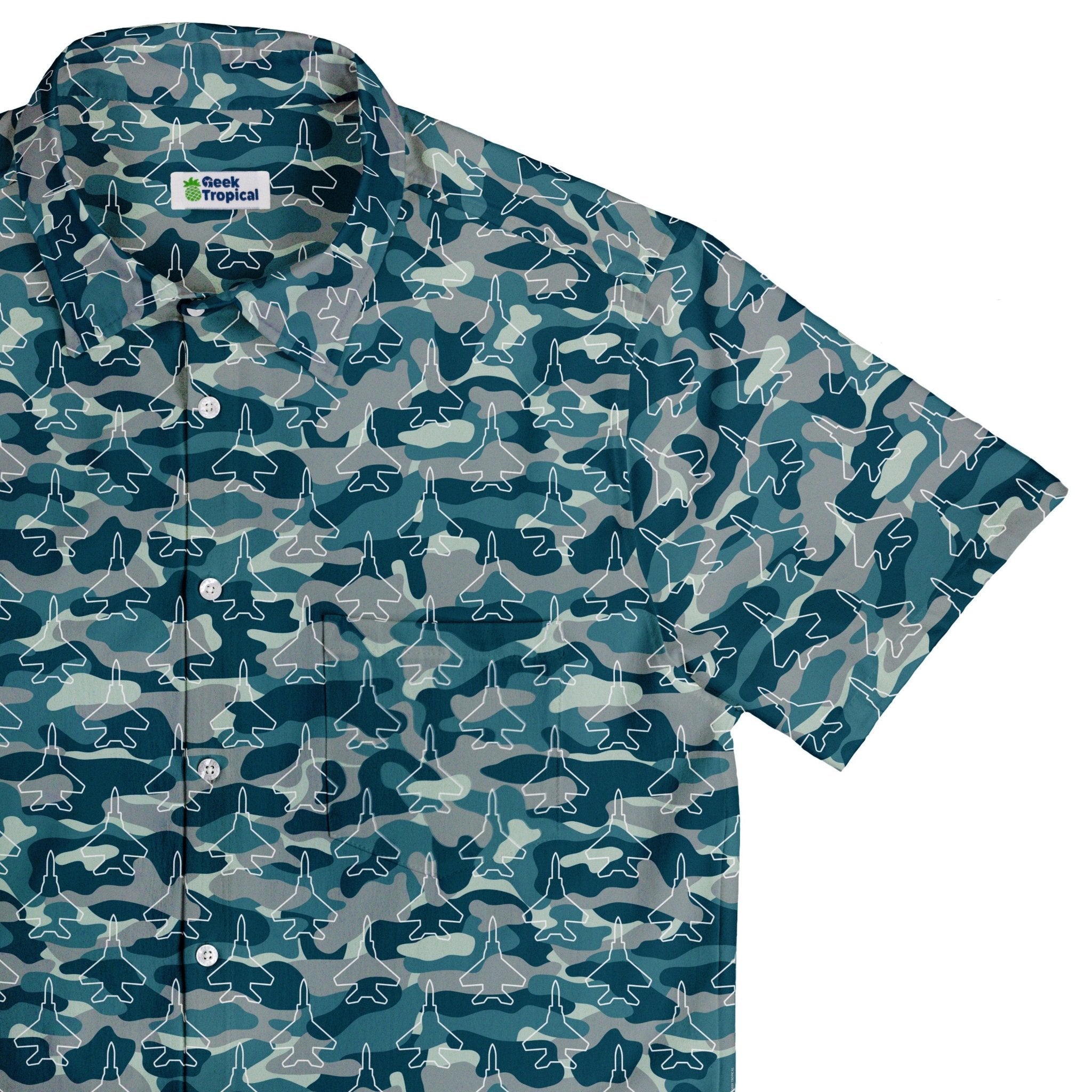 Military Fighter Jet Navy Camo Blue Button Up Shirt - adult sizing - aviation print -