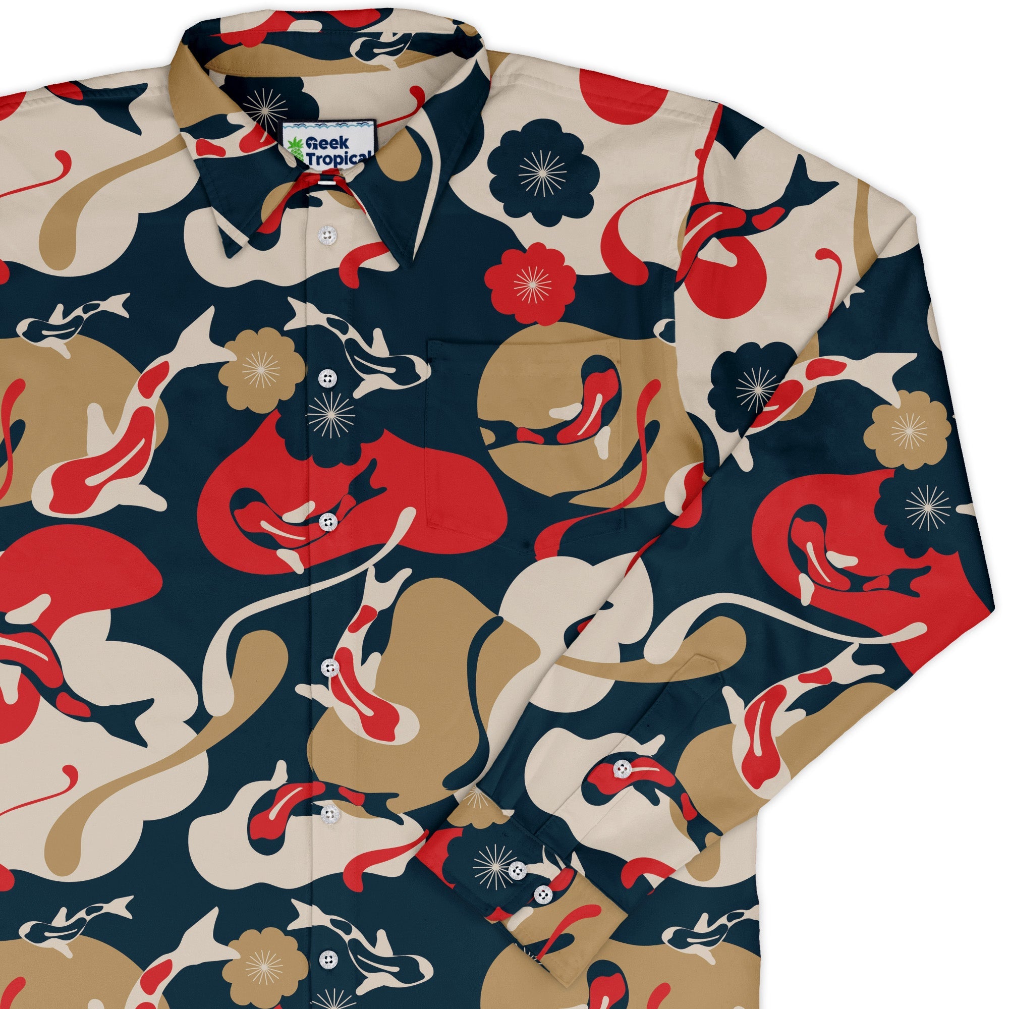 Modern Koi Long Sleeve Button Up Shirt Geek Nerd adult sizing Anime Design by Claire Murphy