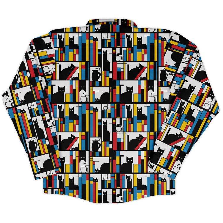 Mondrian Cat Library Long Sleeve Button Up Shirt Geek Nerd adult sizing Animal Patterns Book Prints