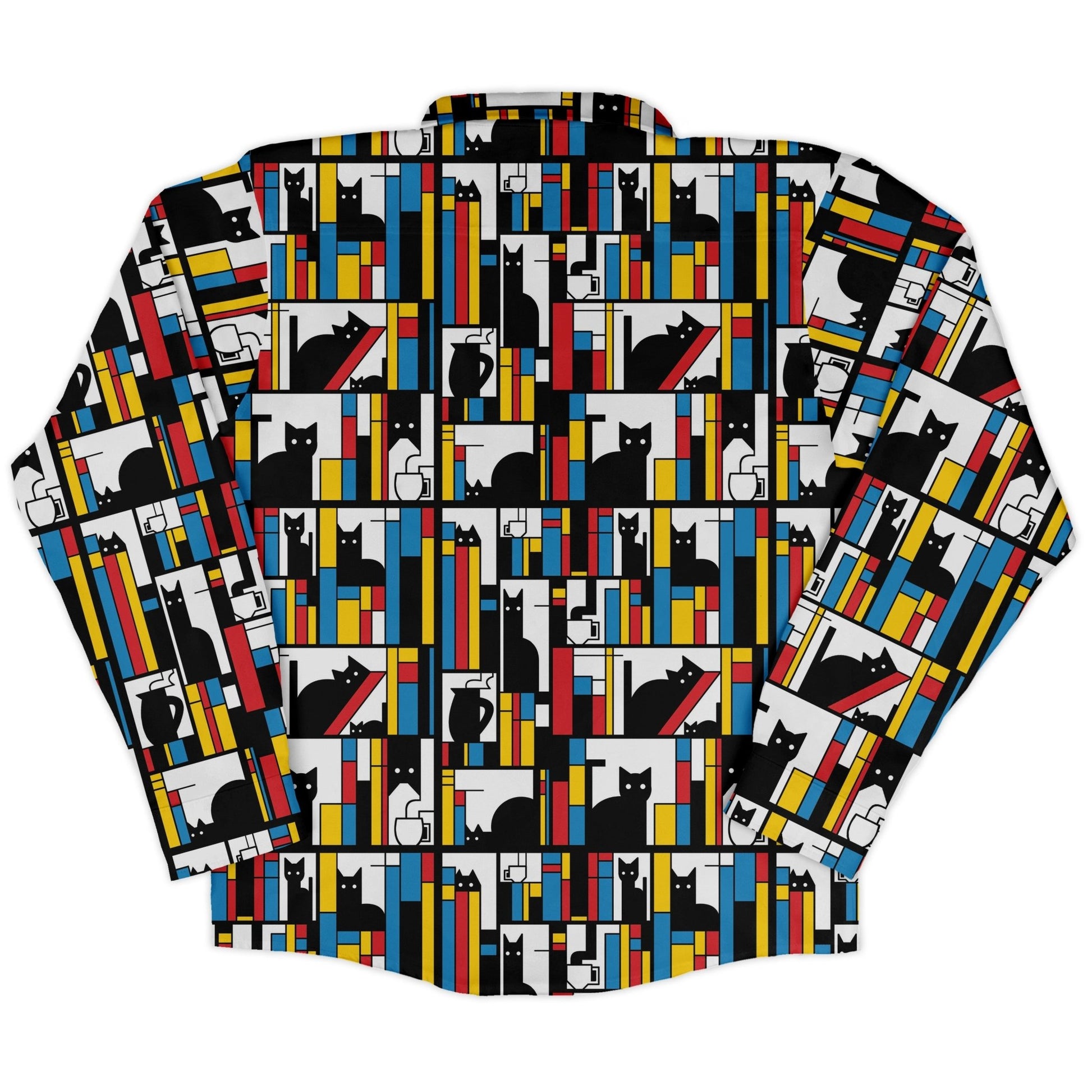 Mondrian Cat Library Long Sleeve Button Up Shirt Geek Nerd adult sizing Animal Patterns Book Prints