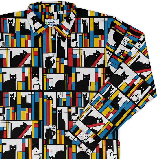 Mondrian Cat Library Long Sleeve Button Up Shirt Geek Nerd adult sizing Animal Patterns Book Prints