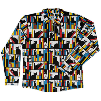 Mondrian Cat Library Long Sleeve Button Up Shirt Geek Nerd adult sizing Animal Patterns Book Prints