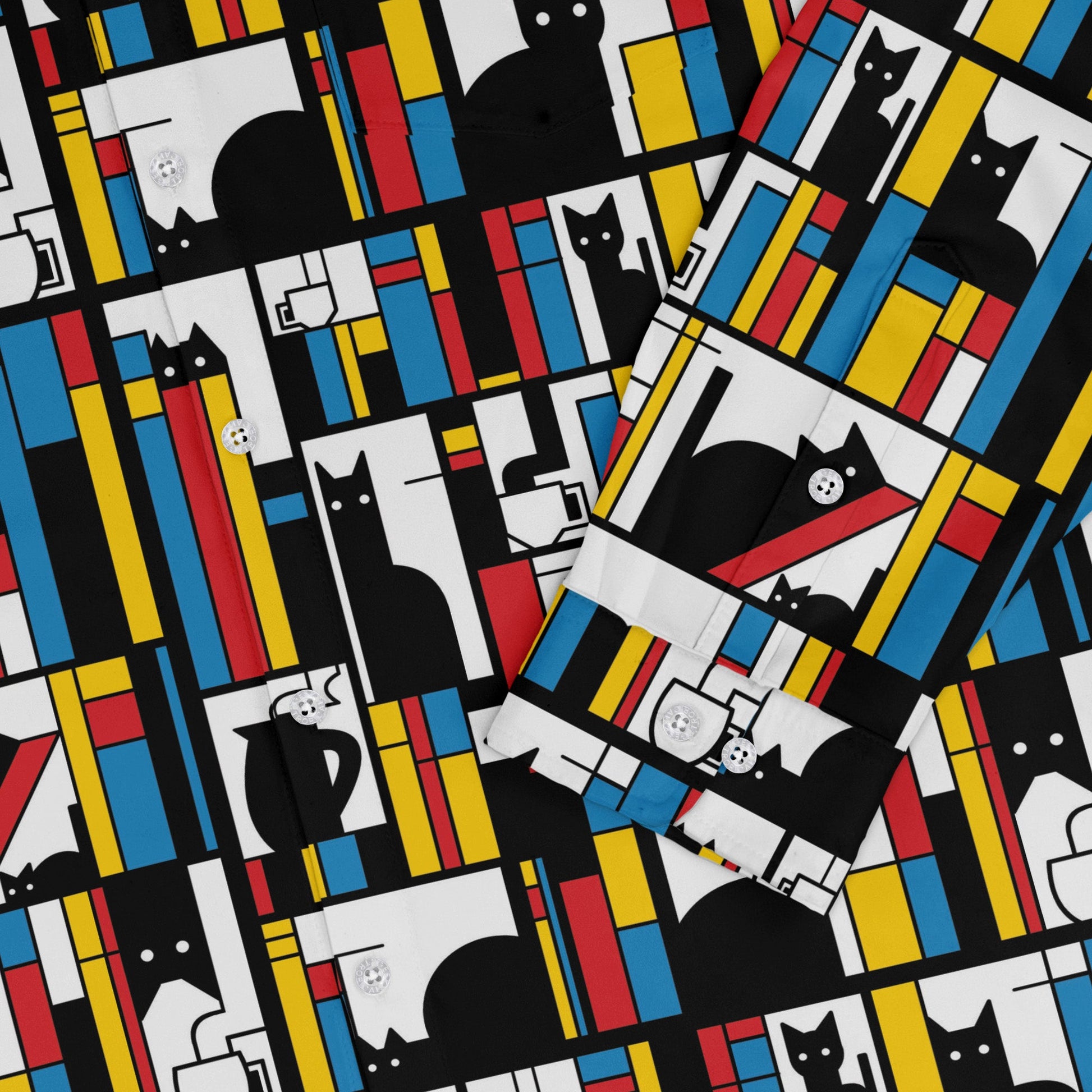 Mondrian Cat Library Long Sleeve Button Up Shirt Geek Nerd adult sizing Animal Patterns Book Prints