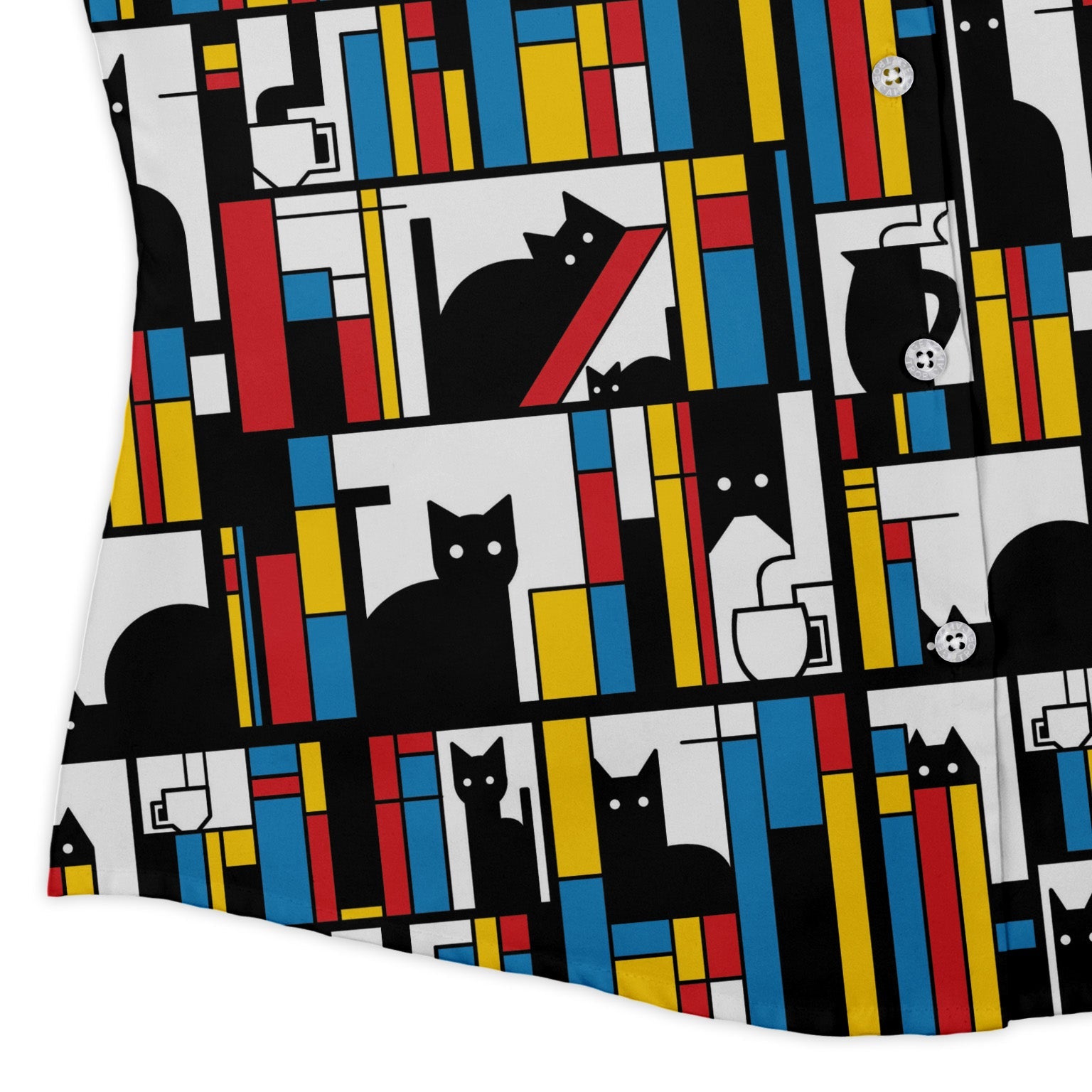 Mondrian Cat Library Curvy Button Up Shirt Geek Nerd Animal Patterns Book Prints Design by Tobe Fonseca