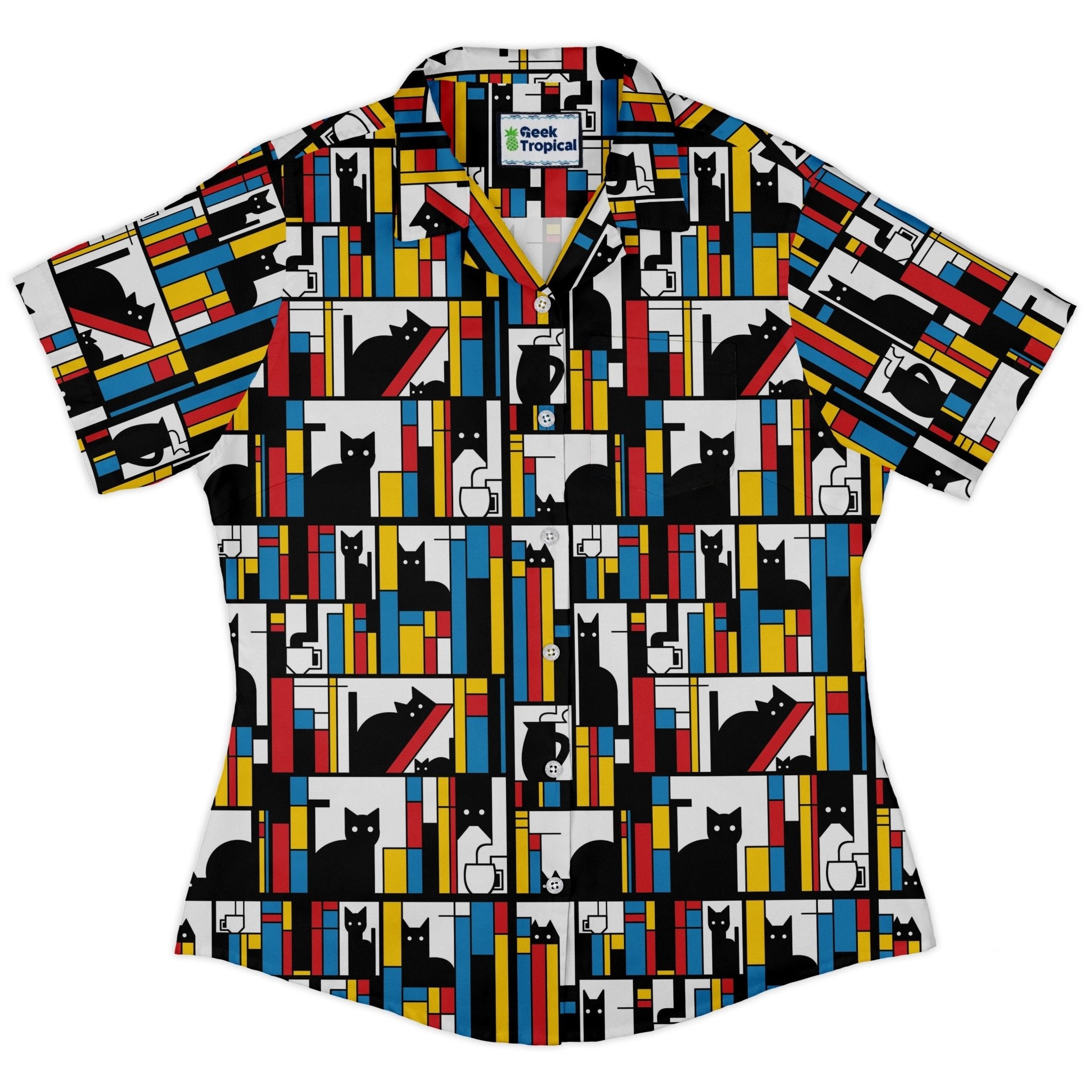Clearance Ready - to - Ship Mondrian Cat Library Curvy Button Up Shirt Geek Nerd Animal Patterns Book Prints Clearance