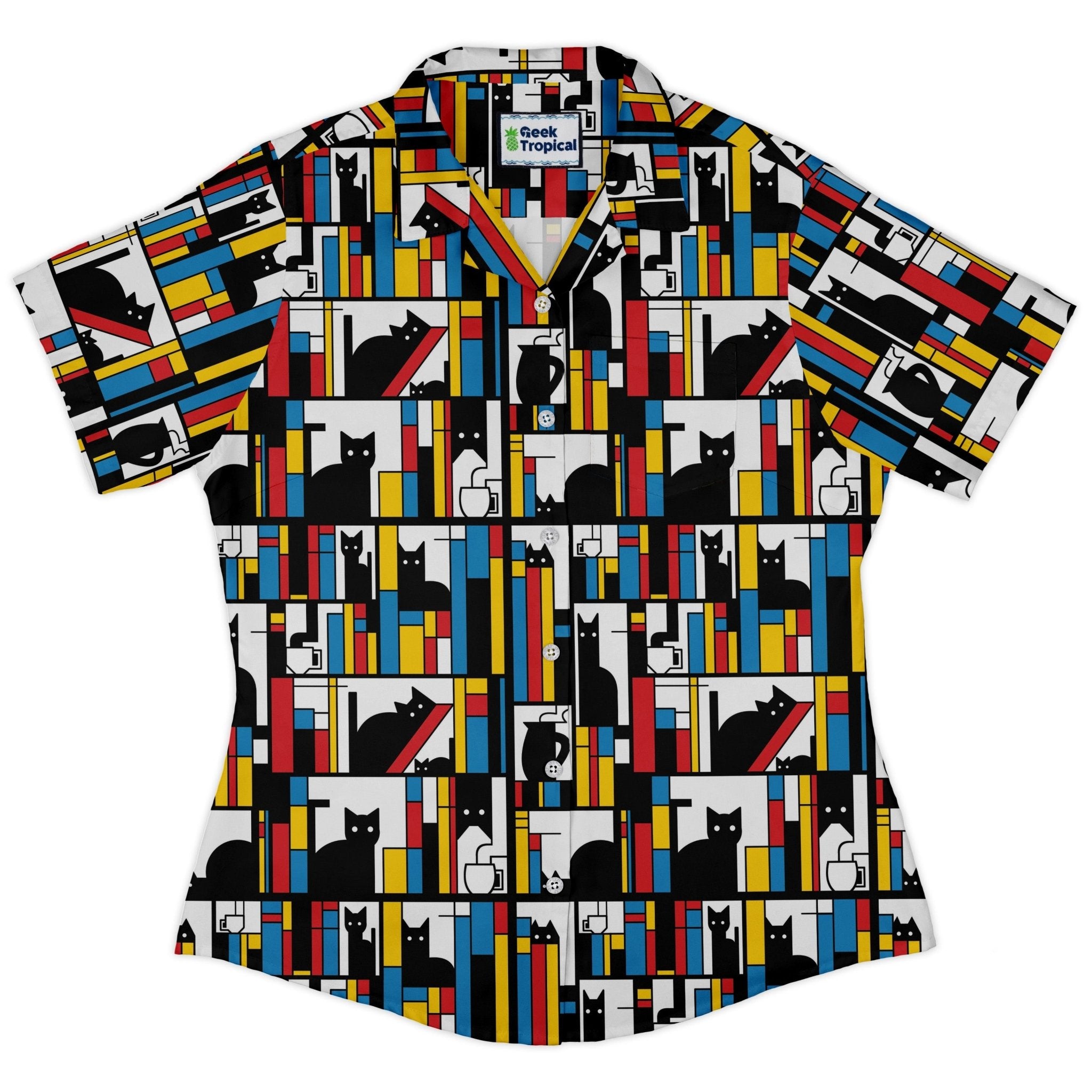 Mondrian Cat Library Curvy Button Up Shirt Geek Nerd Animal Patterns Book Prints Design by Tobe Fonseca